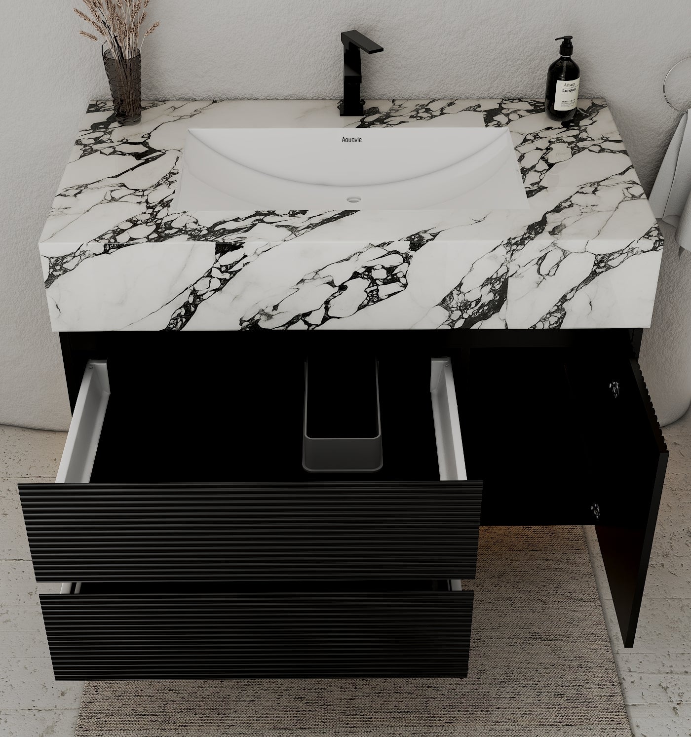 32–48" Black Fluted Floating Vanity with Seamless Stone Sink