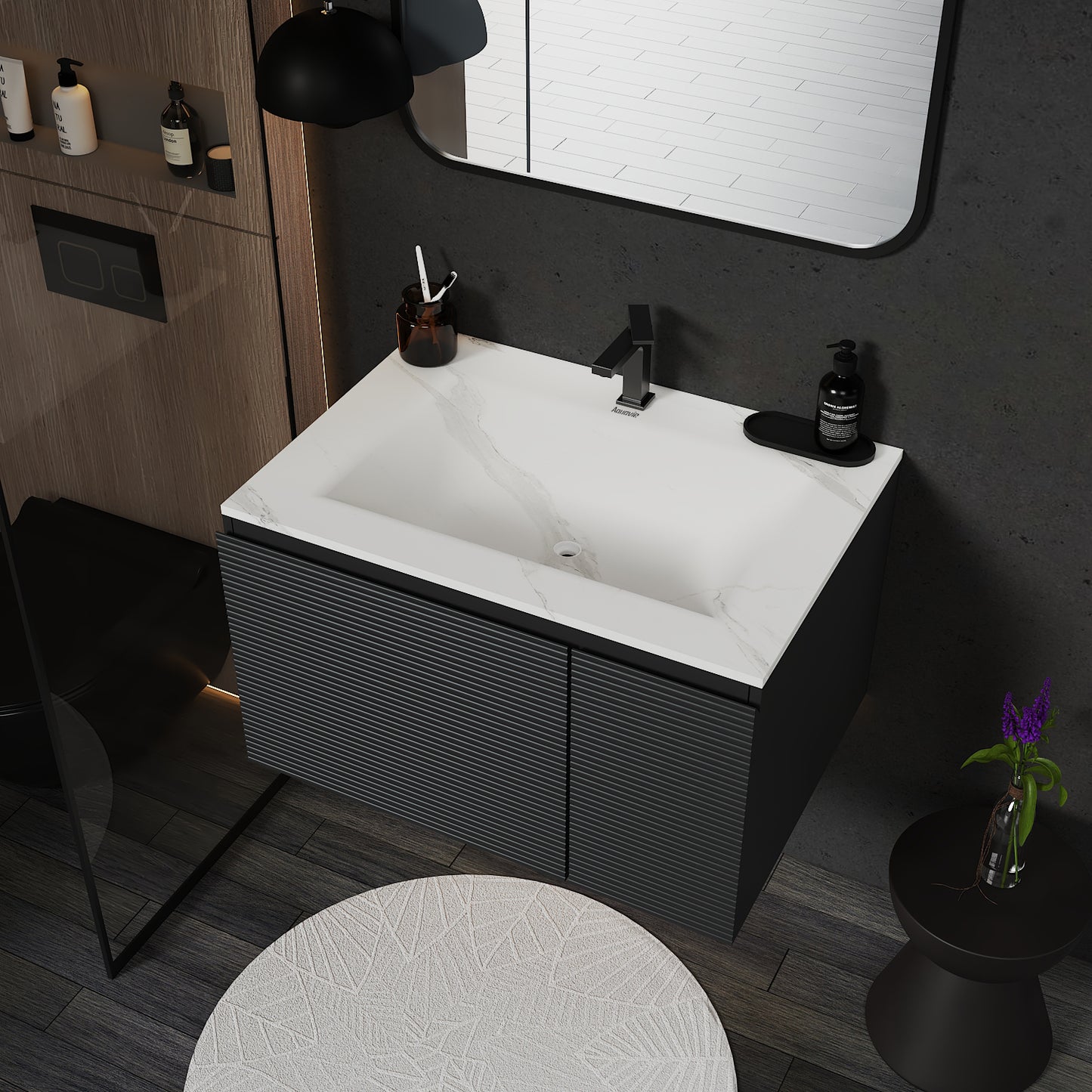 Dark Grey Floating Vanity – Seamless Stone Sink, Fluted Front, 32"/36"/40"