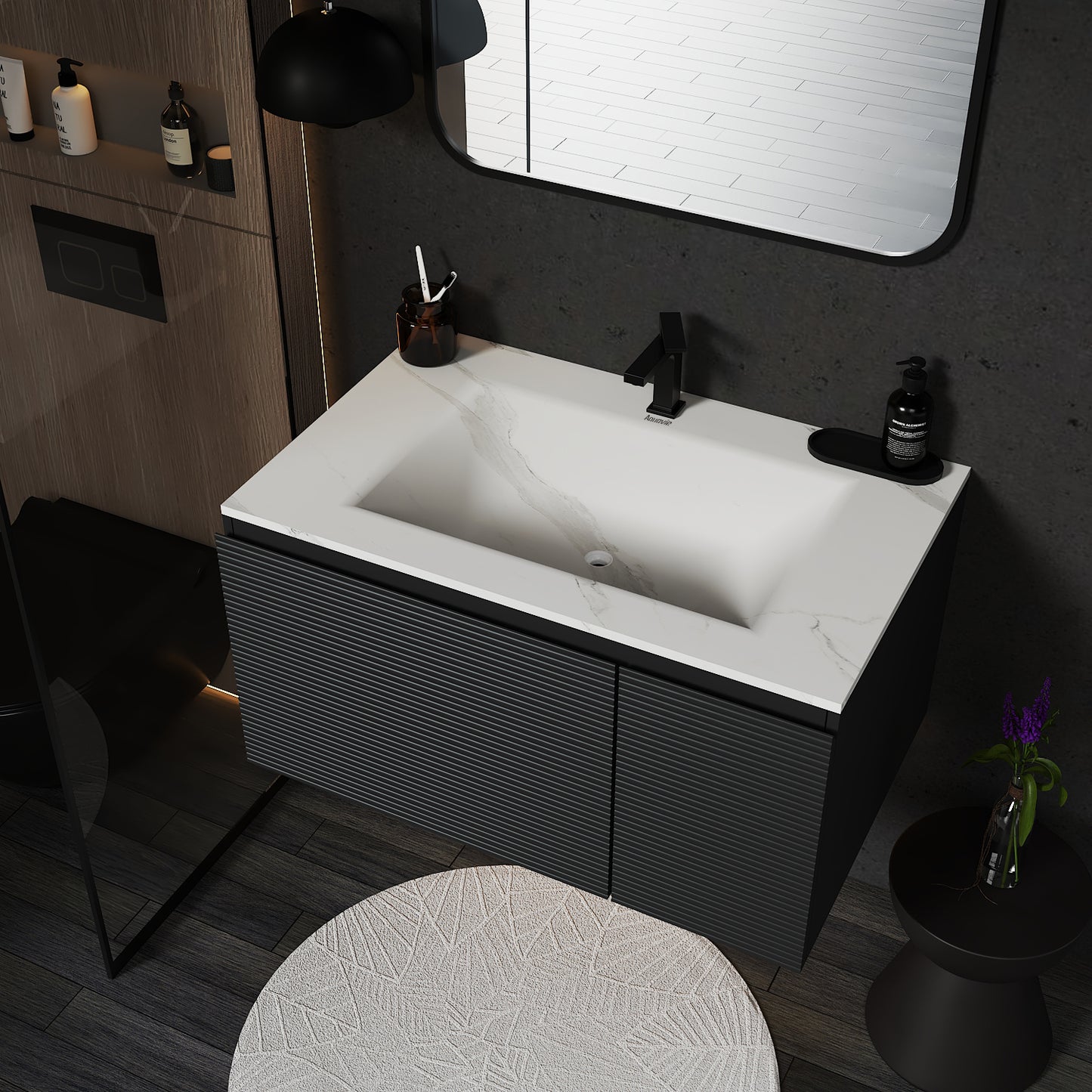 Dark Grey Floating Vanity – Seamless Stone Sink, Fluted Front, 32"/36"/40"