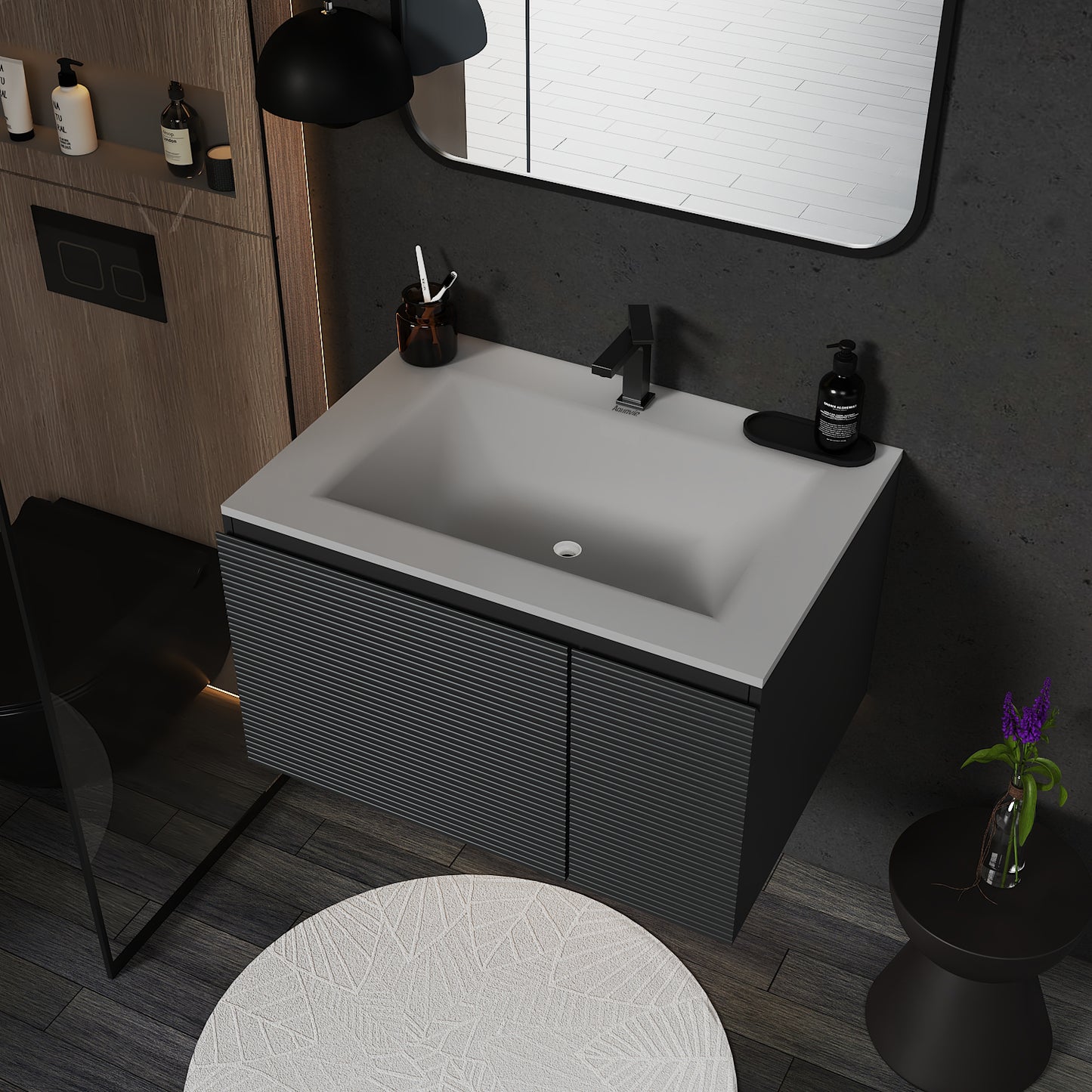 Dark Grey Floating Vanity – Seamless Stone Sink, Fluted Front, 32"/36"/40"