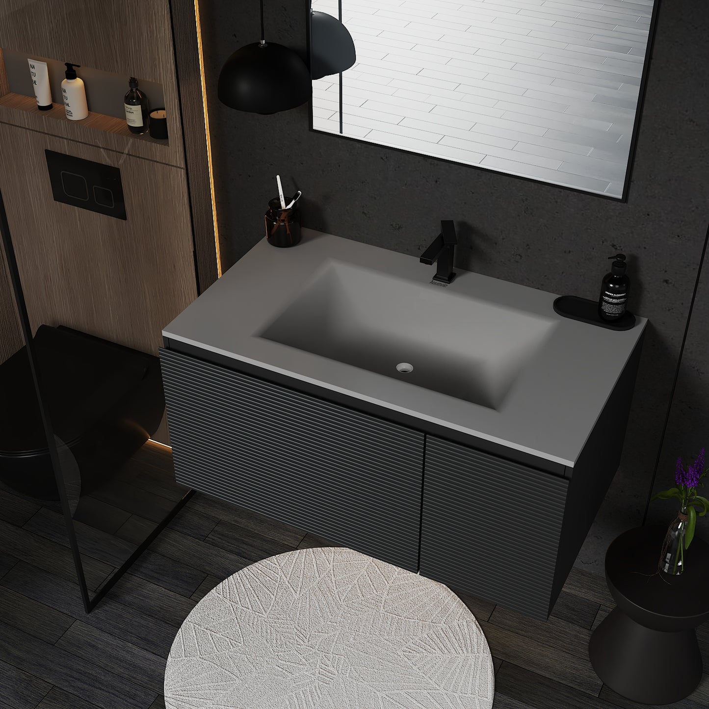Dark Grey Floating Vanity – Seamless Stone Sink, Fluted Front, 32"/36"/40"