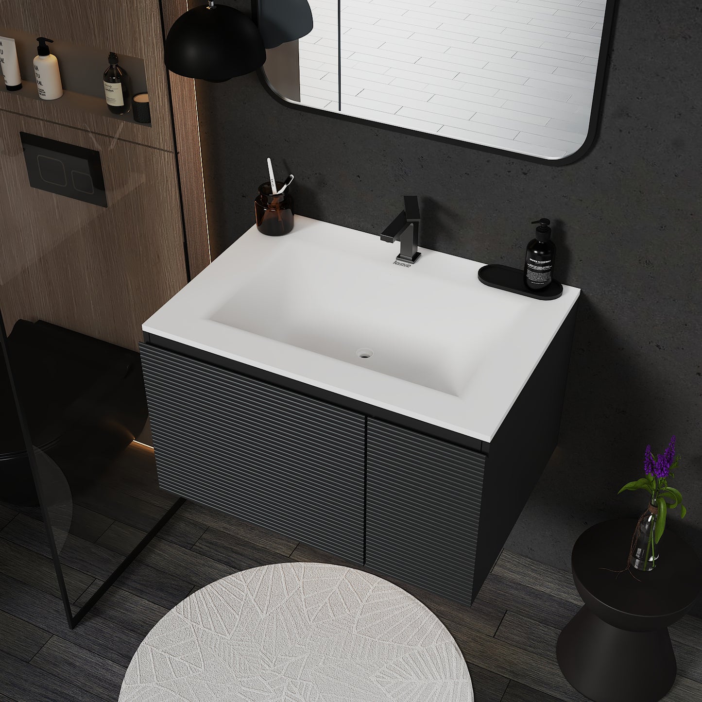 Dark Grey Floating Vanity – Seamless Stone Sink, Fluted Front, 32"/36"/40"