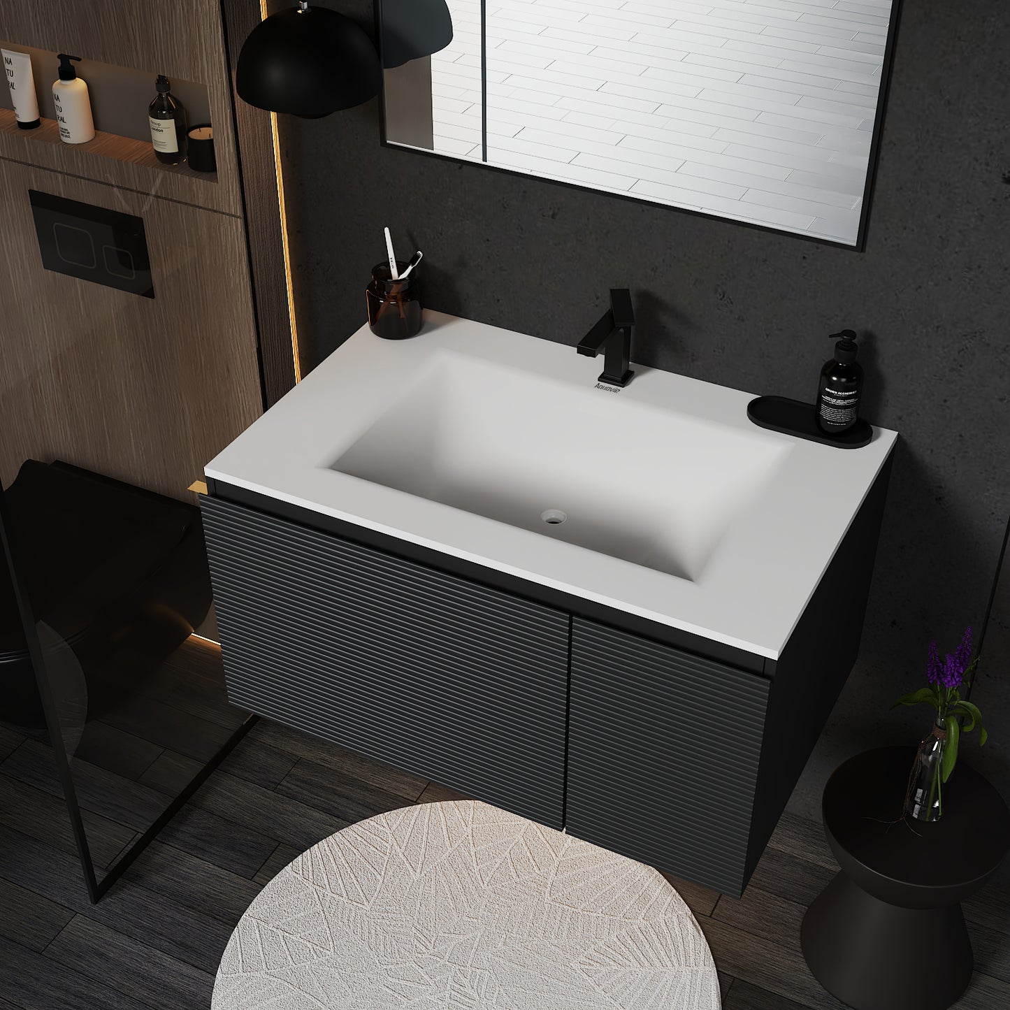 Dark Grey Floating Vanity – Seamless Stone Sink, Fluted Front, 32"/36"/40"