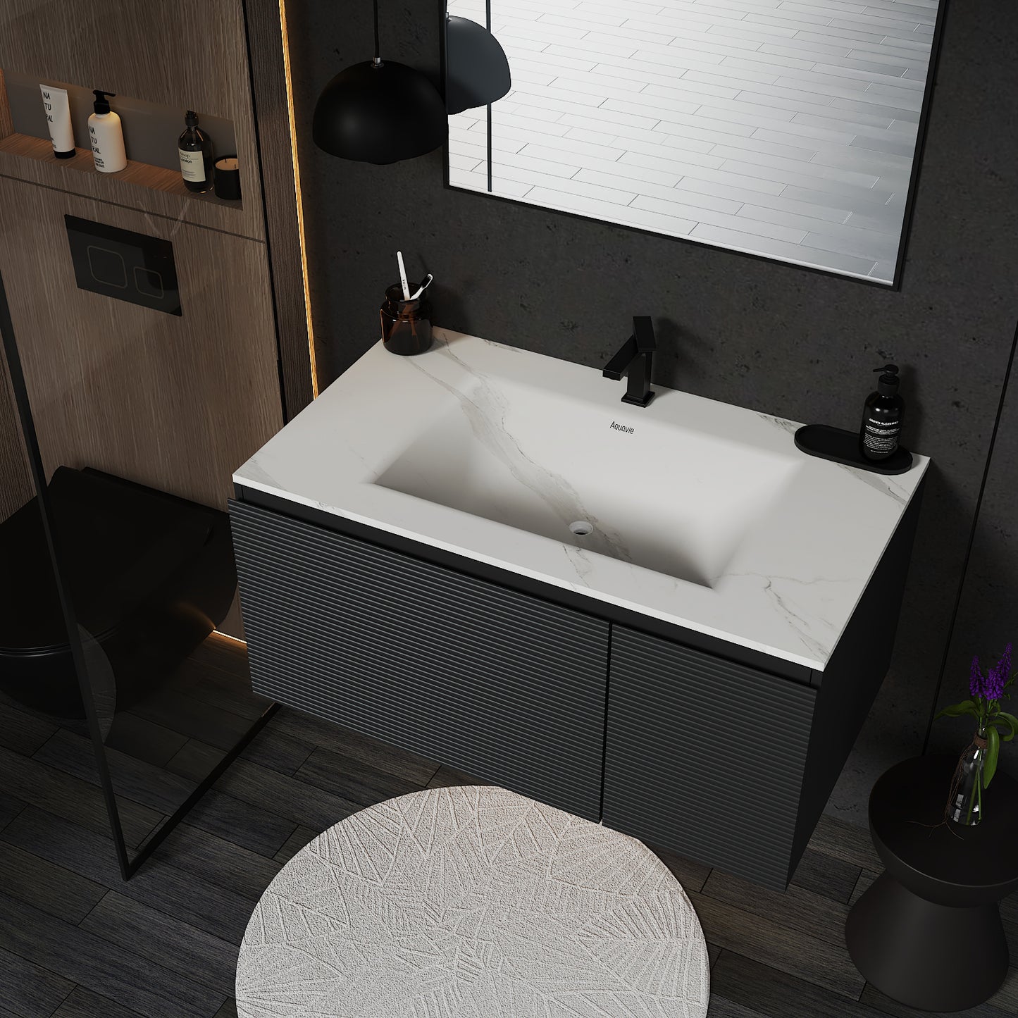 Dark Grey Floating Vanity – Seamless Stone Sink, Fluted Front, 32"/36"/40"
