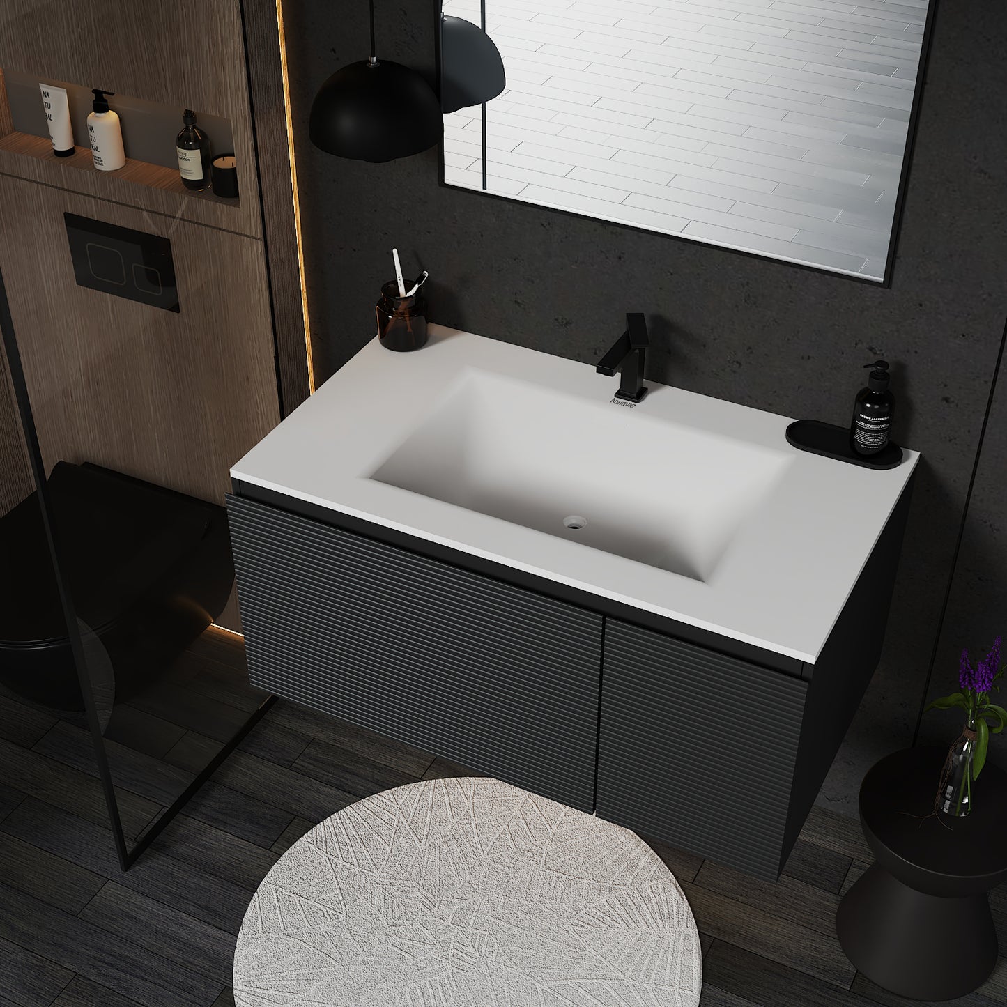 Dark Grey Floating Vanity – Seamless Stone Sink, Fluted Front, 32"/36"/40"