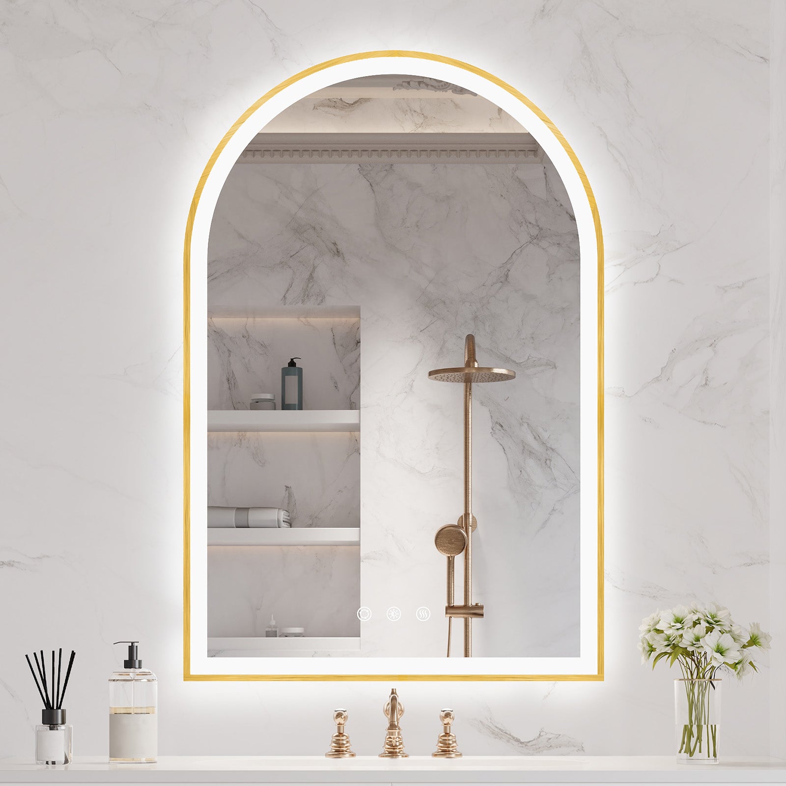 20", 24", 30" Arched LED Mirror with Gold Metal Frame - LED MIrror20" x 30" NeoNova Decor