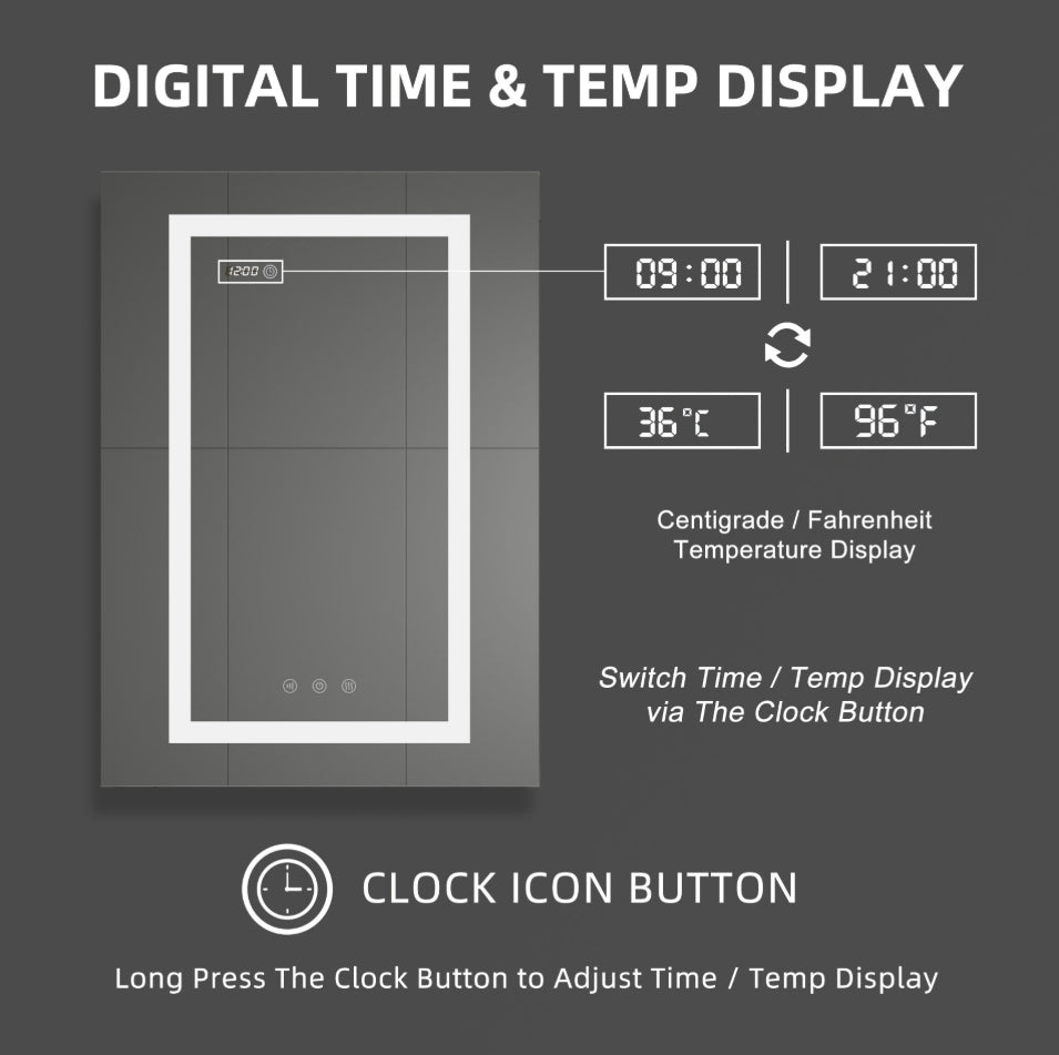 #10064 24" x 32" Smart LED light medicine cabinet with digital clock