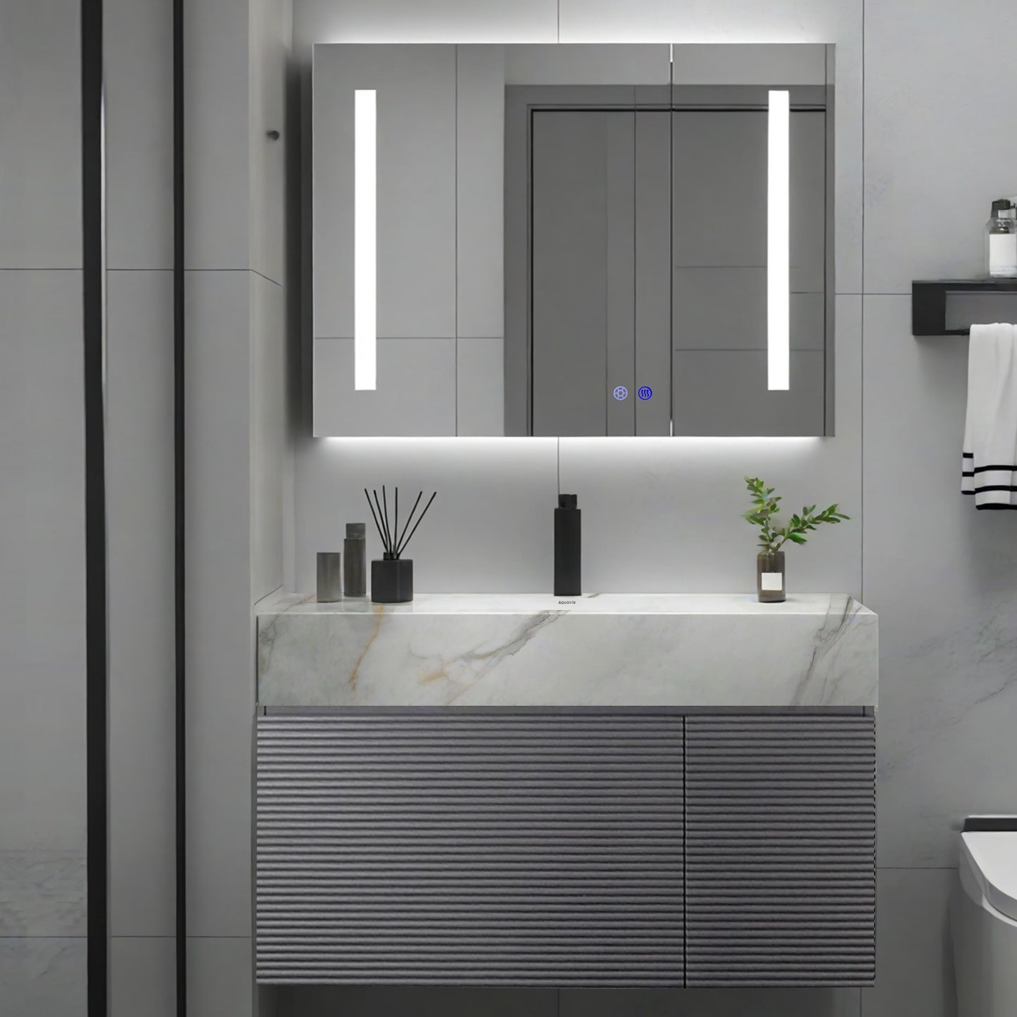40''/32'' Stone Top with Gray Engineered Wood Floating Bathroom Vanity