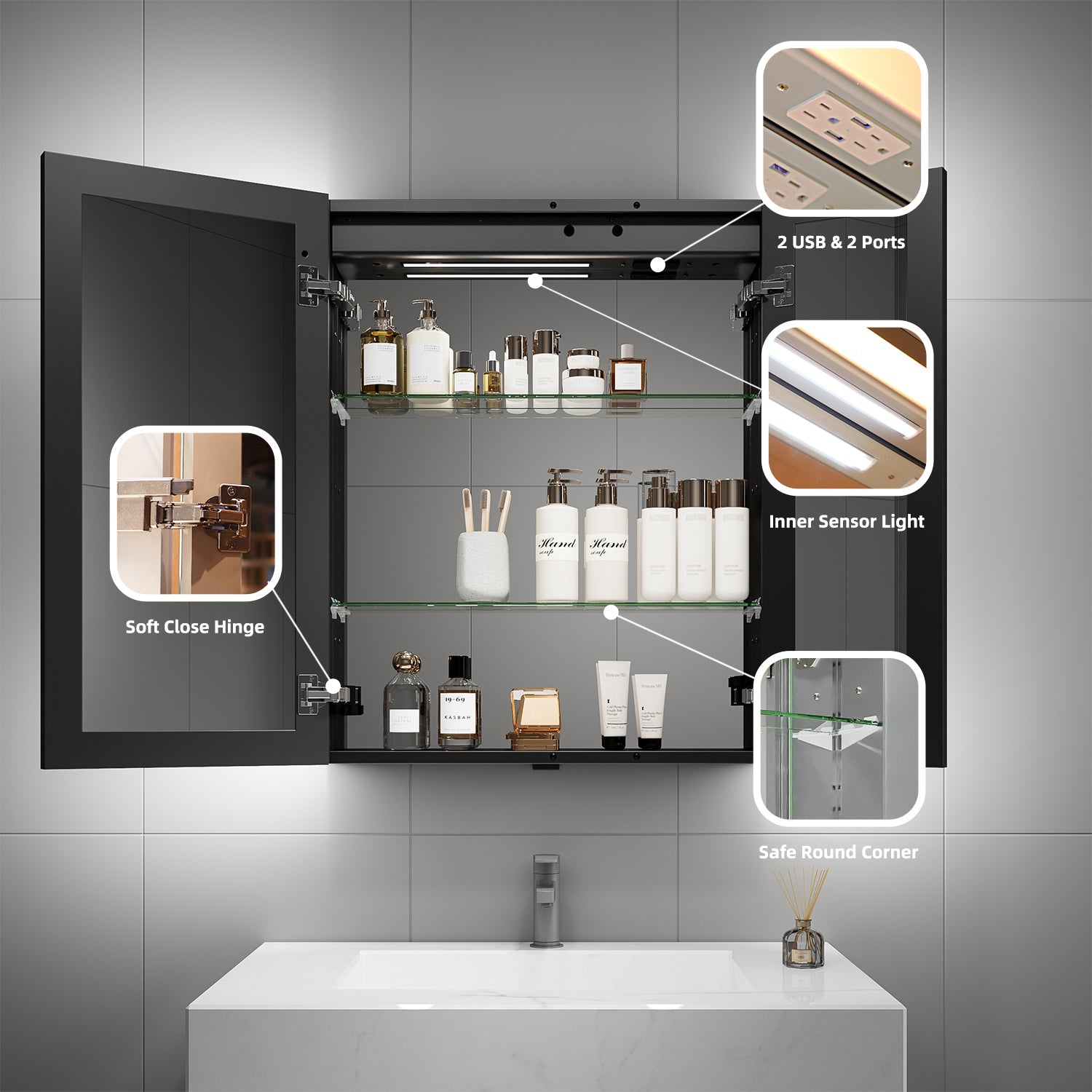 26"x32" LED Medicine Cabinet – Full Mirror Interior, Anti - Fog, Outlet & USB, Blum Hinges - Medicine Cabinet NeoNova Decor