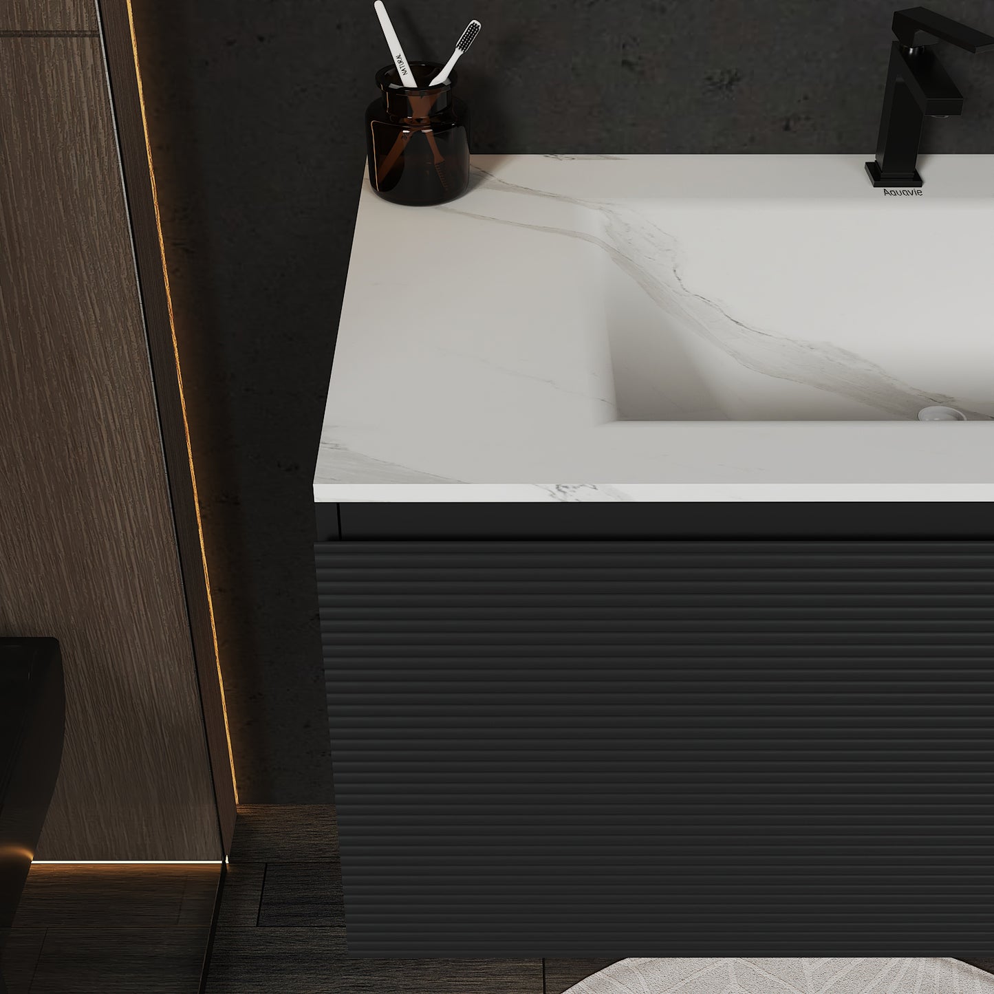 Dark Grey Floating Vanity – Seamless Stone Sink, Fluted Front, 32"/36"/40"