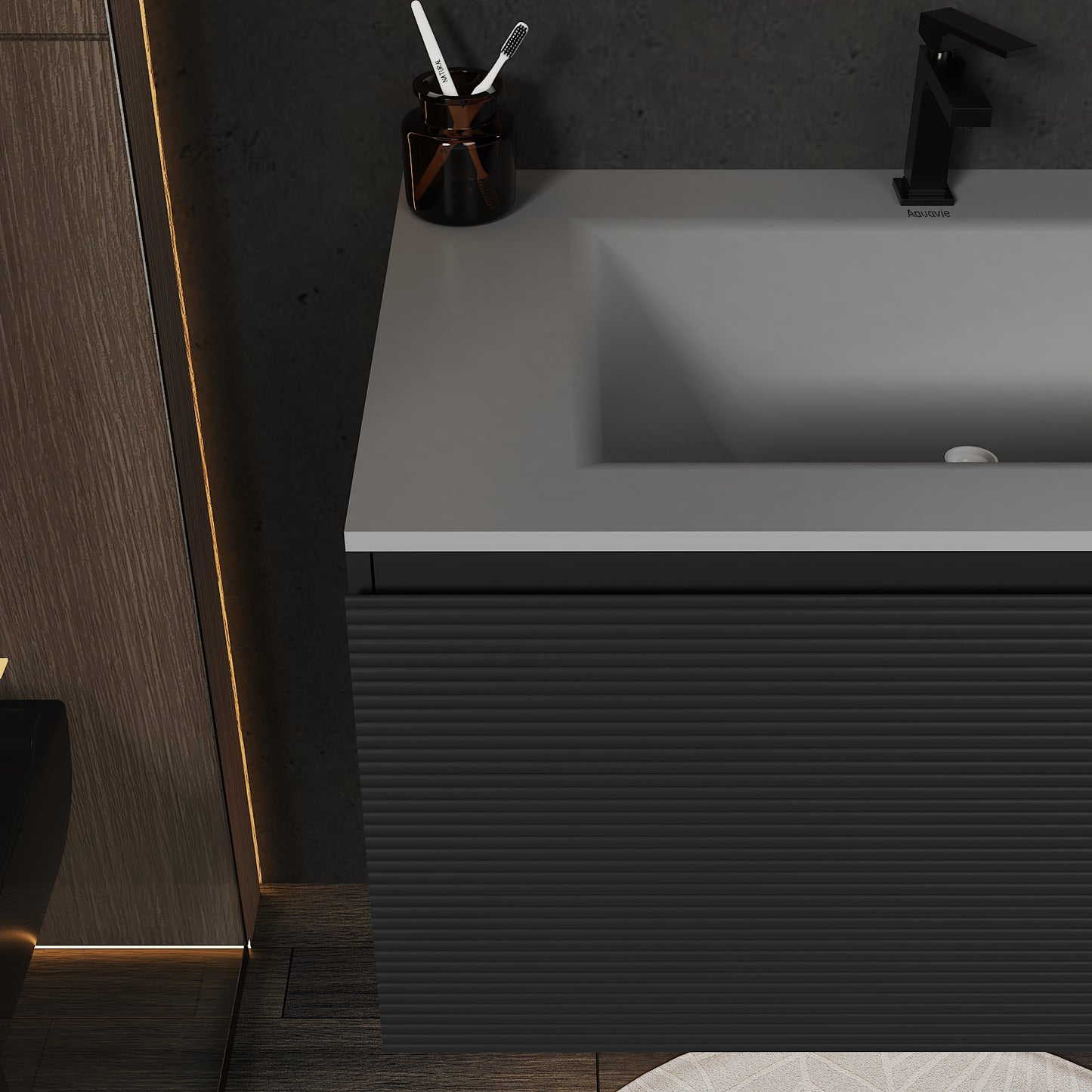 Dark Grey Floating Vanity – Seamless Stone Sink, Fluted Front, 32"/36"/40"