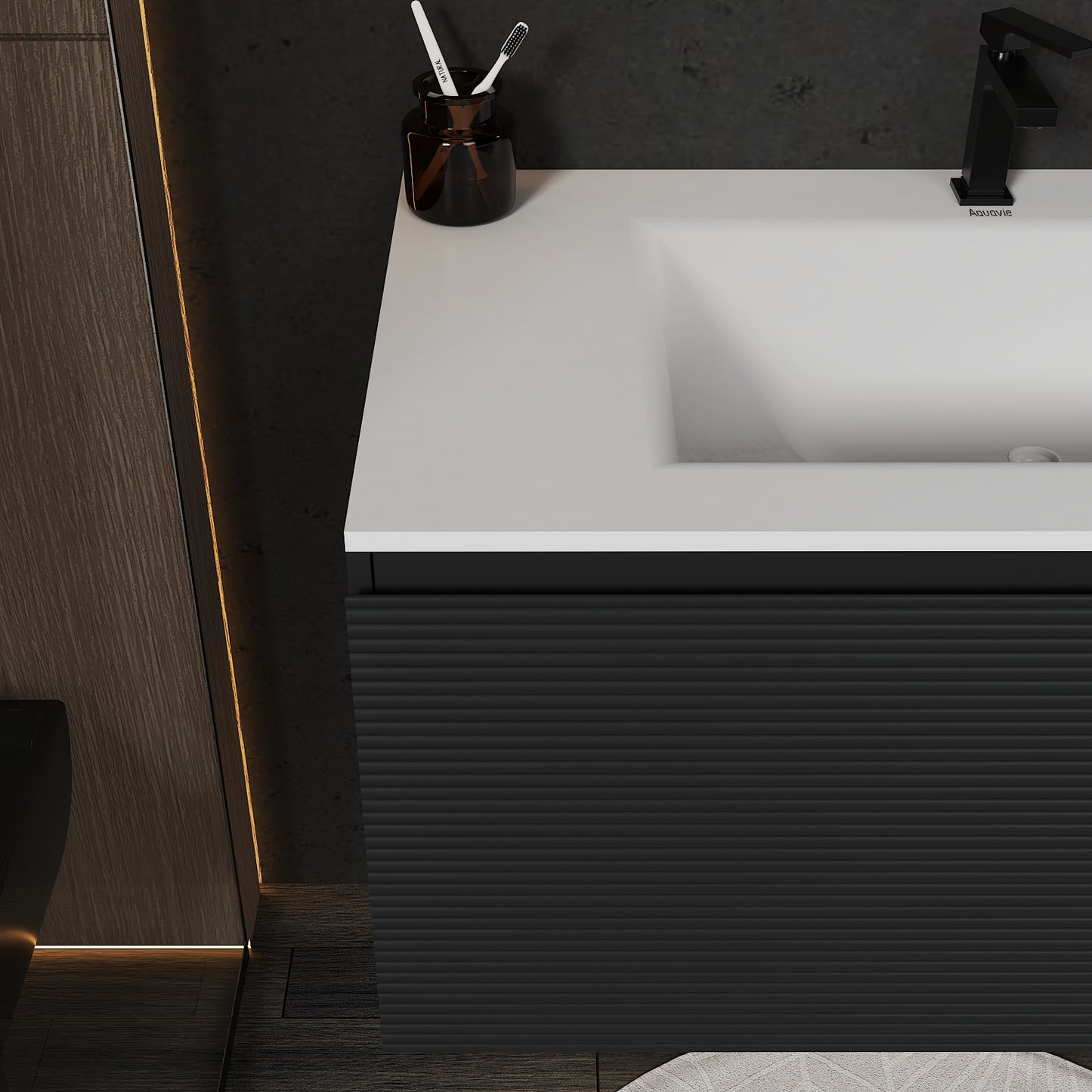 Dark Grey Floating Vanity – Seamless Stone Sink, Fluted Front, 32"/36"/40"