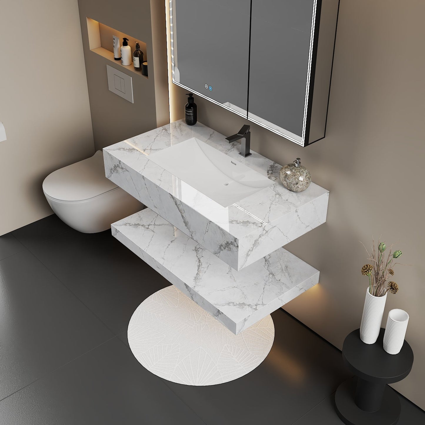 30", 40", 48" Hotel Style Ice Grey Floating Vanity – Marble - Look Stone - Vanity40 Inch NeoNova Decor