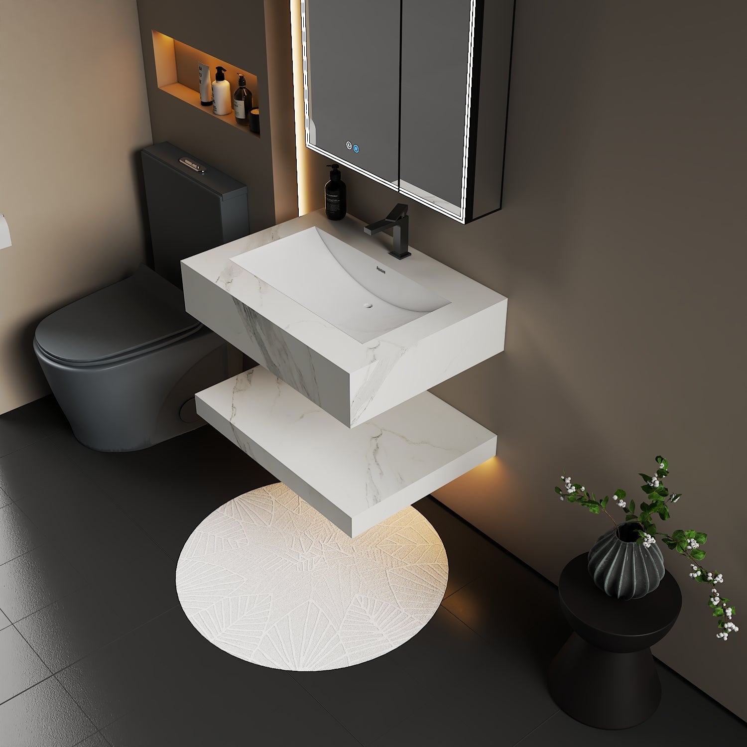 30" Hotel Style White Carrara Floating Vanity – Marble - Look Stone - Vanity32 inch NeoNova Decor