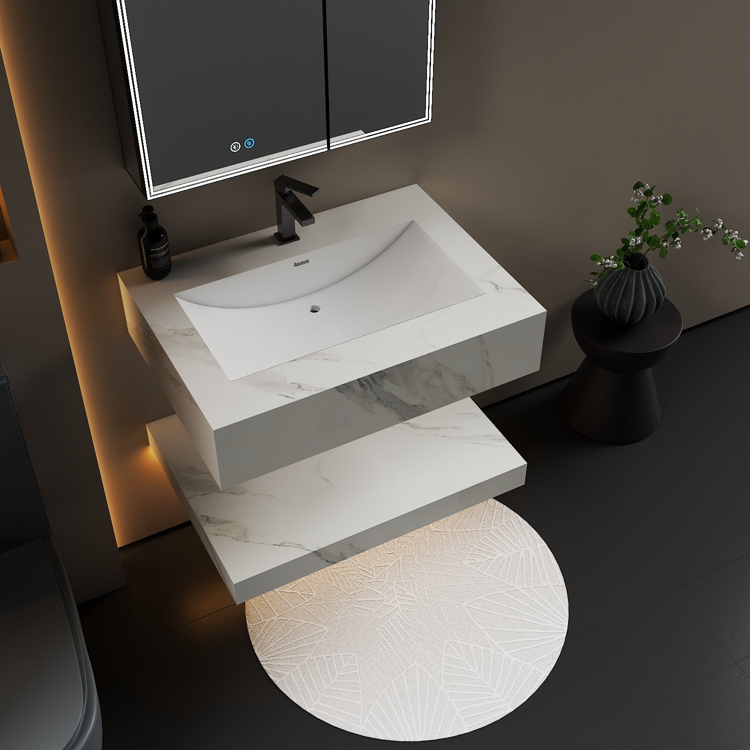 30" Hotel Style White Carrara Floating Vanity – Marble - Look Stone - Vanity32 inch NeoNova Decor