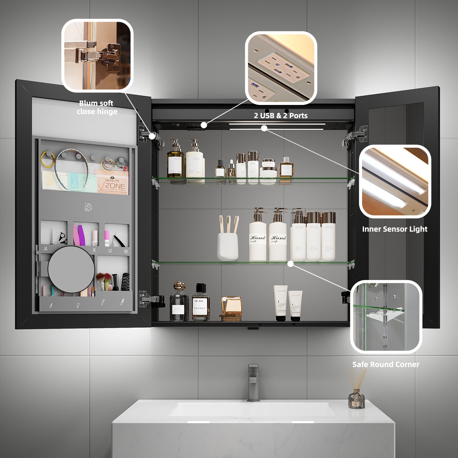 30"x32" LED Medicine Cabinet, Lighting & Outlet – Wall Mount/Recessed - Medicine Cabinet NeoNova Decor