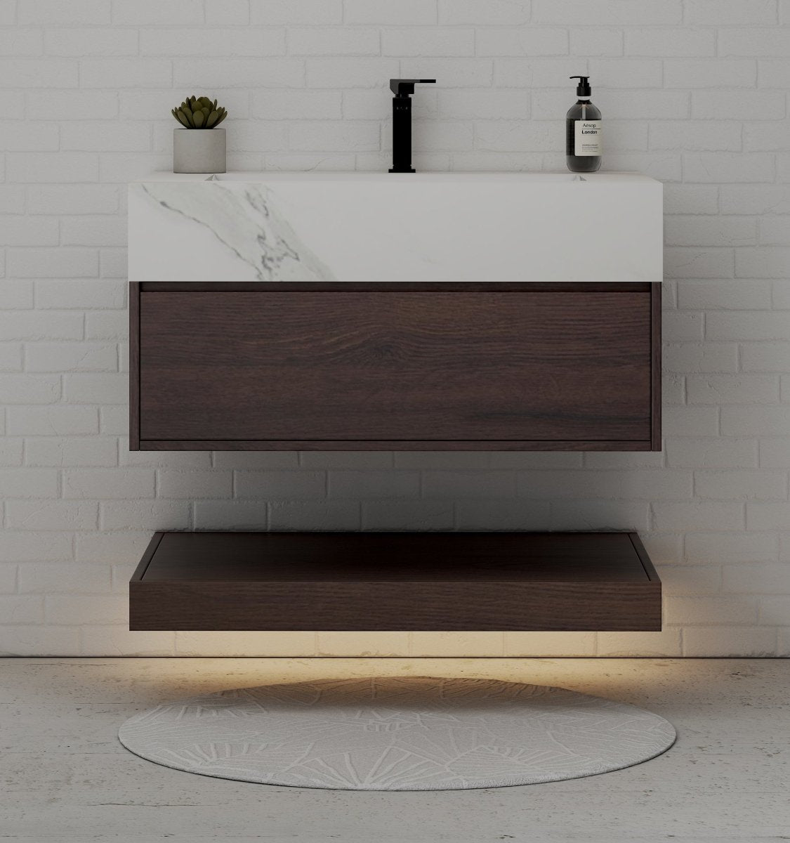 32", 36", 40" Walnut Sintered Stone Top with Hotel - Style Floating Bathroom Vanity - VanityWhite Carrara NeoNova Decor