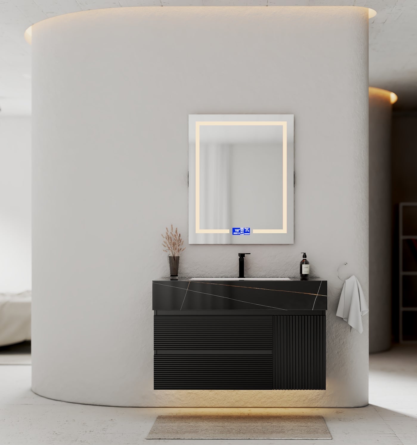 32–48" Black Fluted Floating Vanity with Seamless Stone Sink - VanityBlack Marquina Gold Veins NeoNova Decor