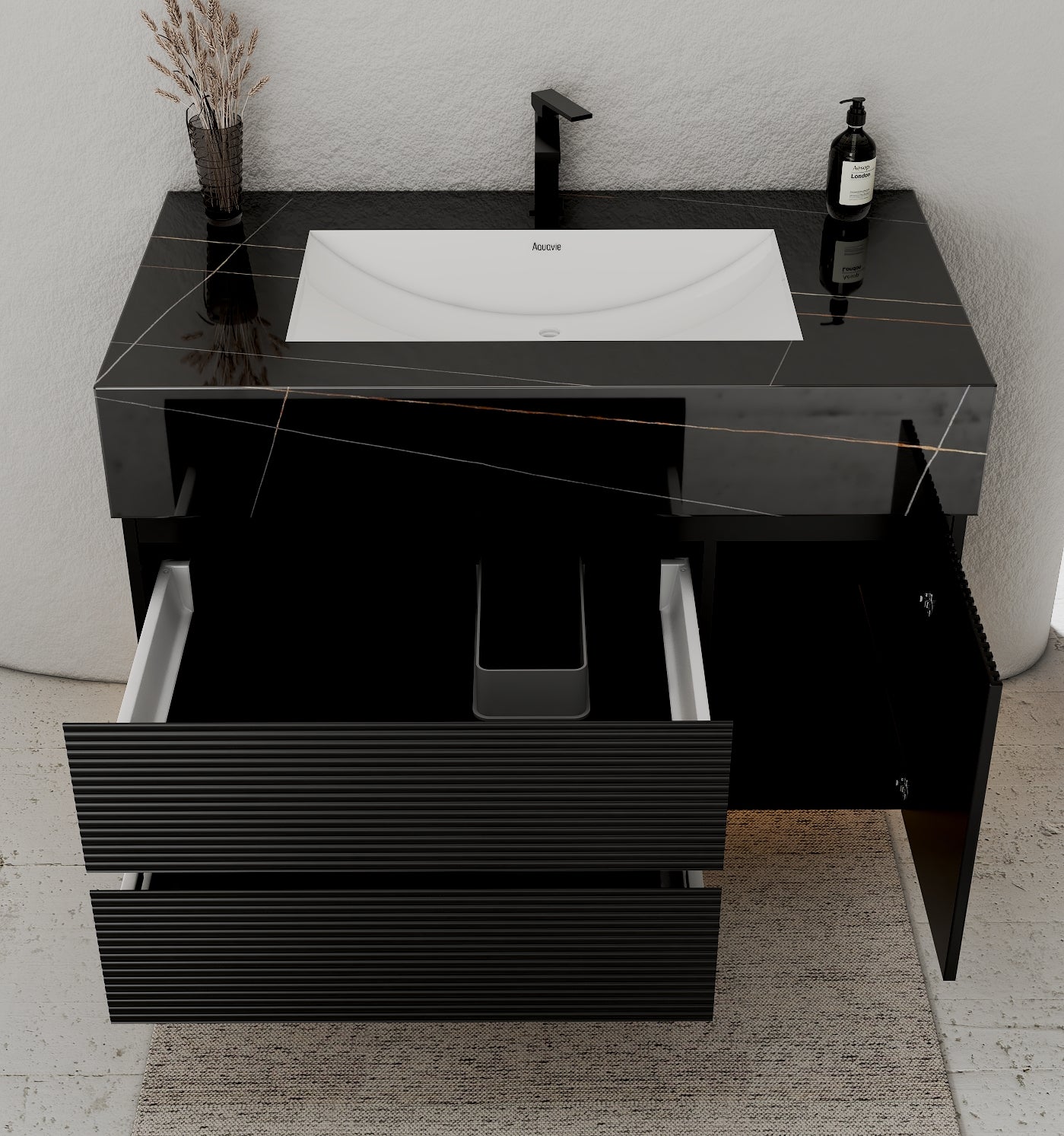 32–48" Black Fluted Floating Vanity with Seamless Stone Sink - VanityBlack Marquina Gold Veins NeoNova Decor
