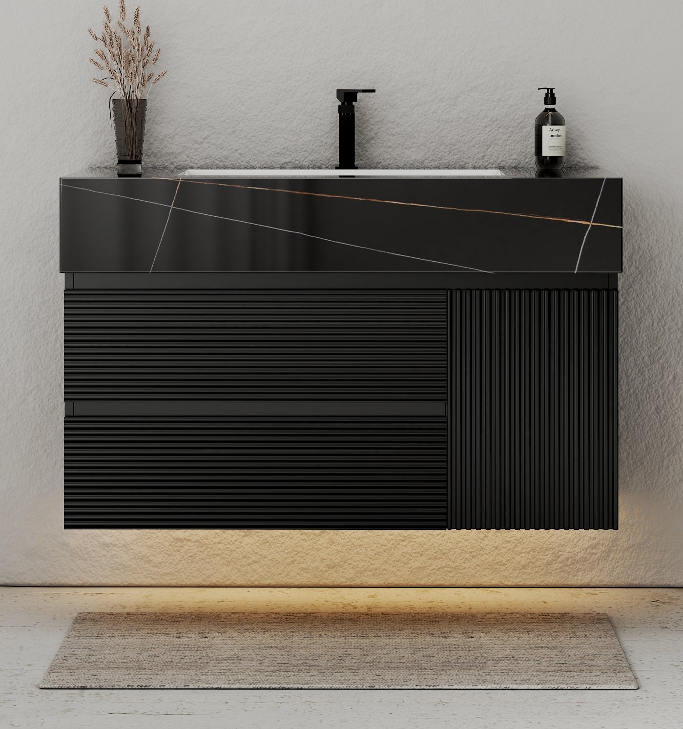 32–48" Black Fluted Floating Vanity with Seamless Stone Sink - VanityBlack Marquina Gold Veins NeoNova Decor