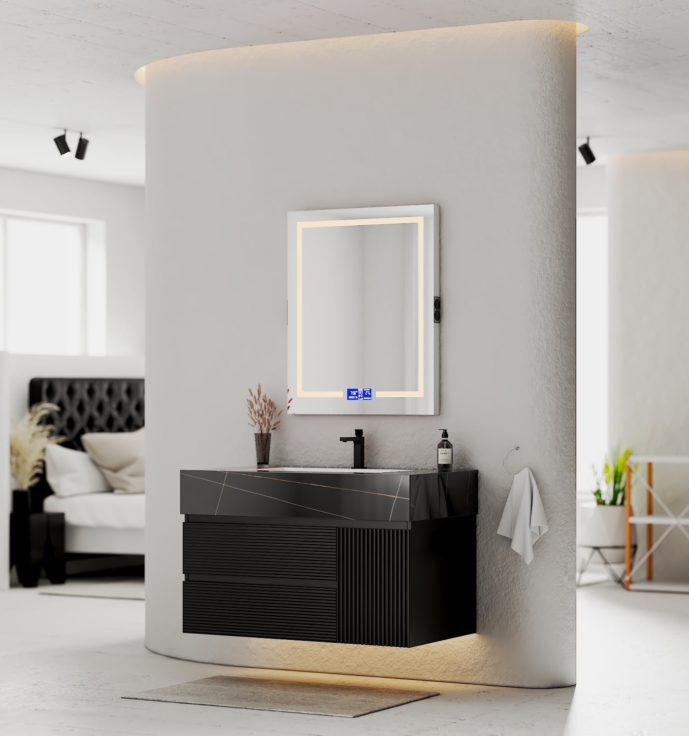 32–48" Black Fluted Floating Vanity with Seamless Stone Sink - VanityBlack Marquina Gold Veins NeoNova Decor