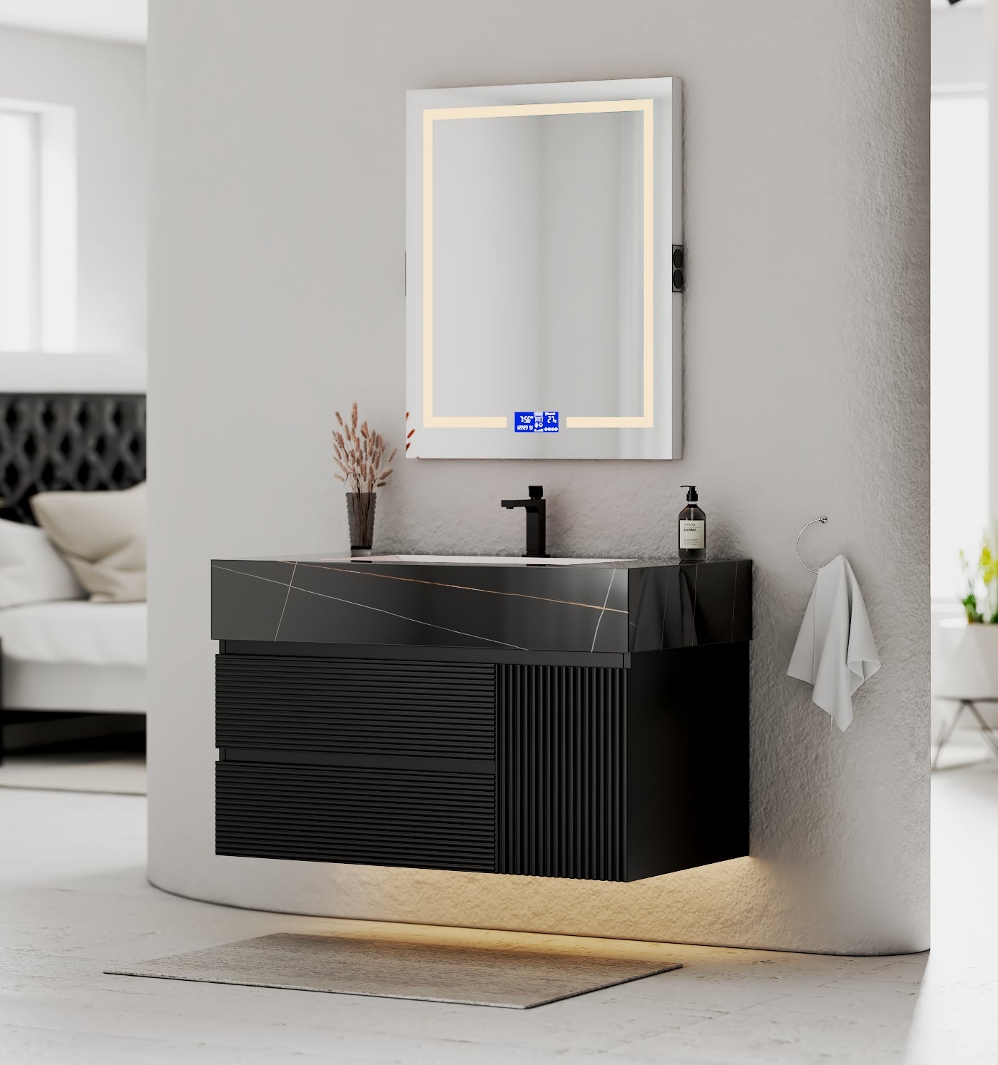 32–48" Black Fluted Floating Vanity with Seamless Stone Sink - VanityBlack Marquina Gold Veins NeoNova Decor