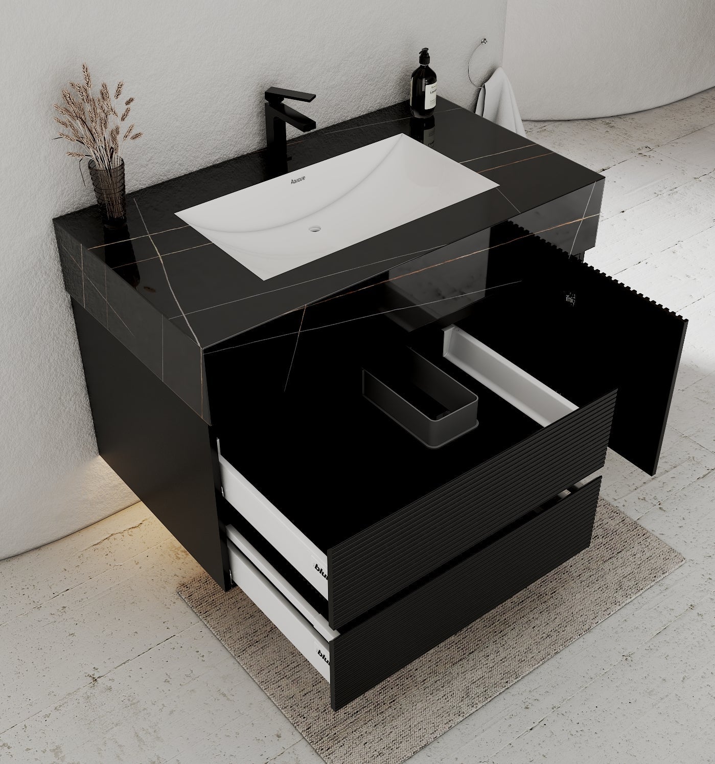 32–48" Black Fluted Floating Vanity with Seamless Stone Sink - VanityBlack Marquina Gold Veins NeoNova Decor