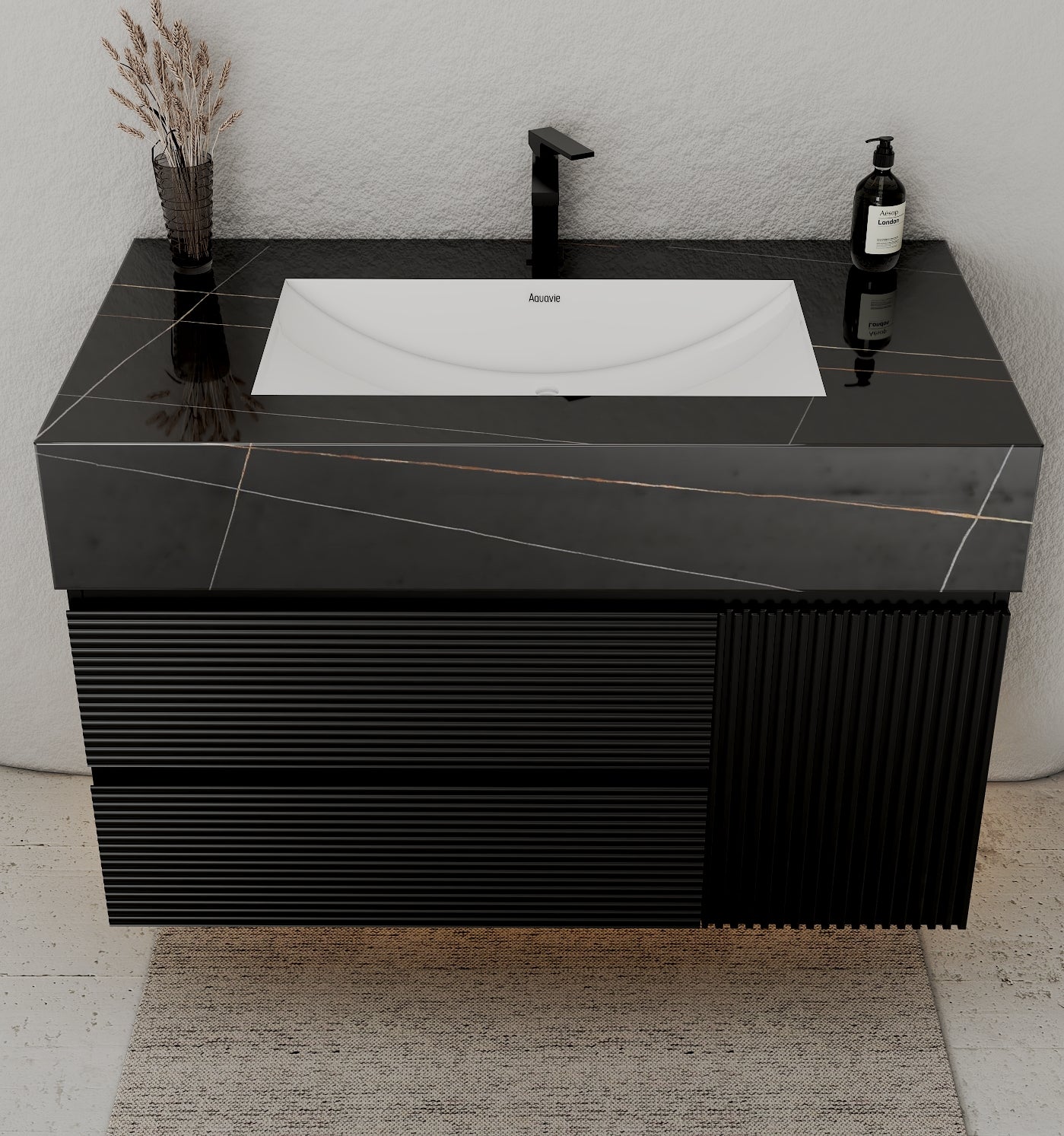 32–48" Black Fluted Floating Vanity with Seamless Stone Sink - VanityBlack Marquina Gold Veins NeoNova Decor