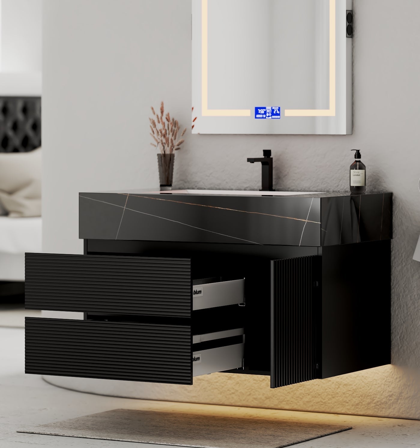 32–48" Black Fluted Floating Vanity with Seamless Stone Sink - VanityBlack Marquina Gold Veins NeoNova Decor