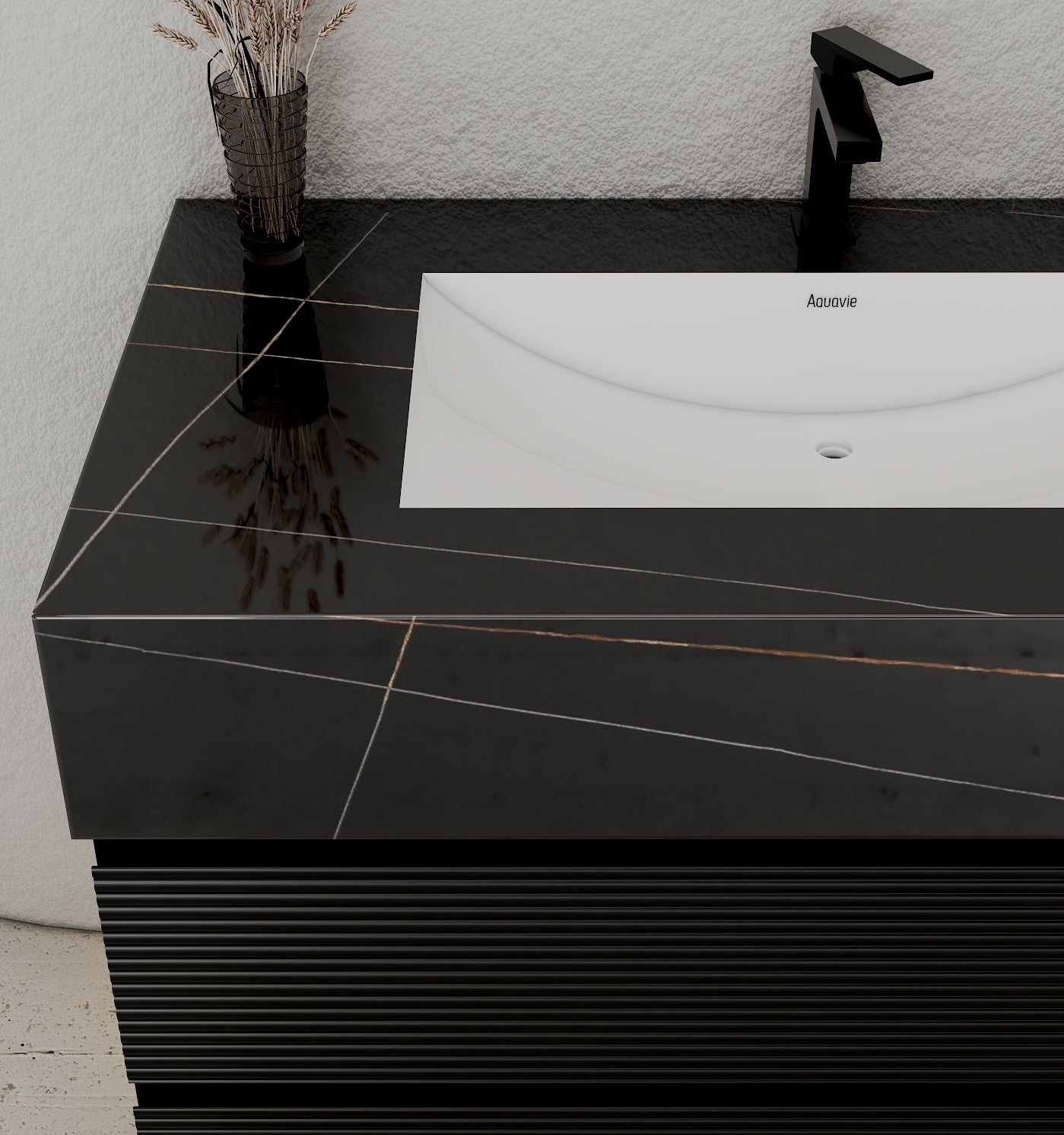 32–48" Black Fluted Floating Vanity with Seamless Stone Sink - VanityBlack Marquina Gold Veins NeoNova Decor
