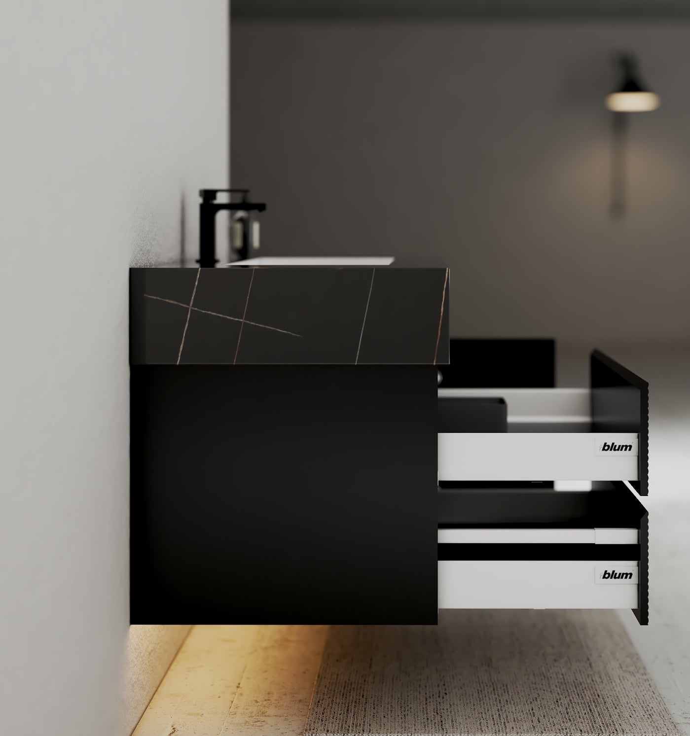 32–48" Black Fluted Floating Vanity with Seamless Stone Sink - VanityBlack Marquina Gold Veins NeoNova Decor