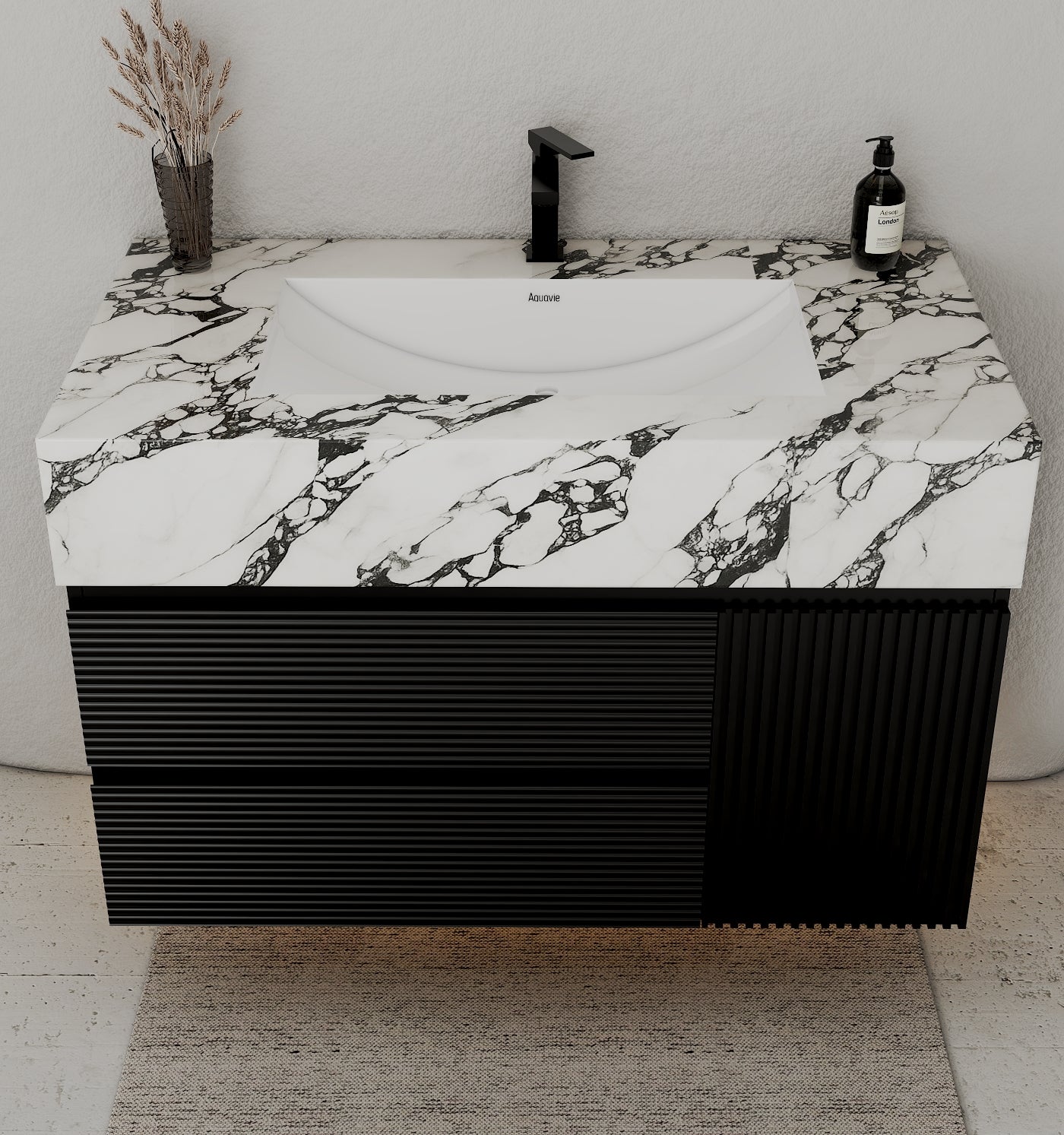 32–48" Black Fluted Floating Vanity with Seamless Stone Sink - Vanitycalacatta black NeoNova Decor