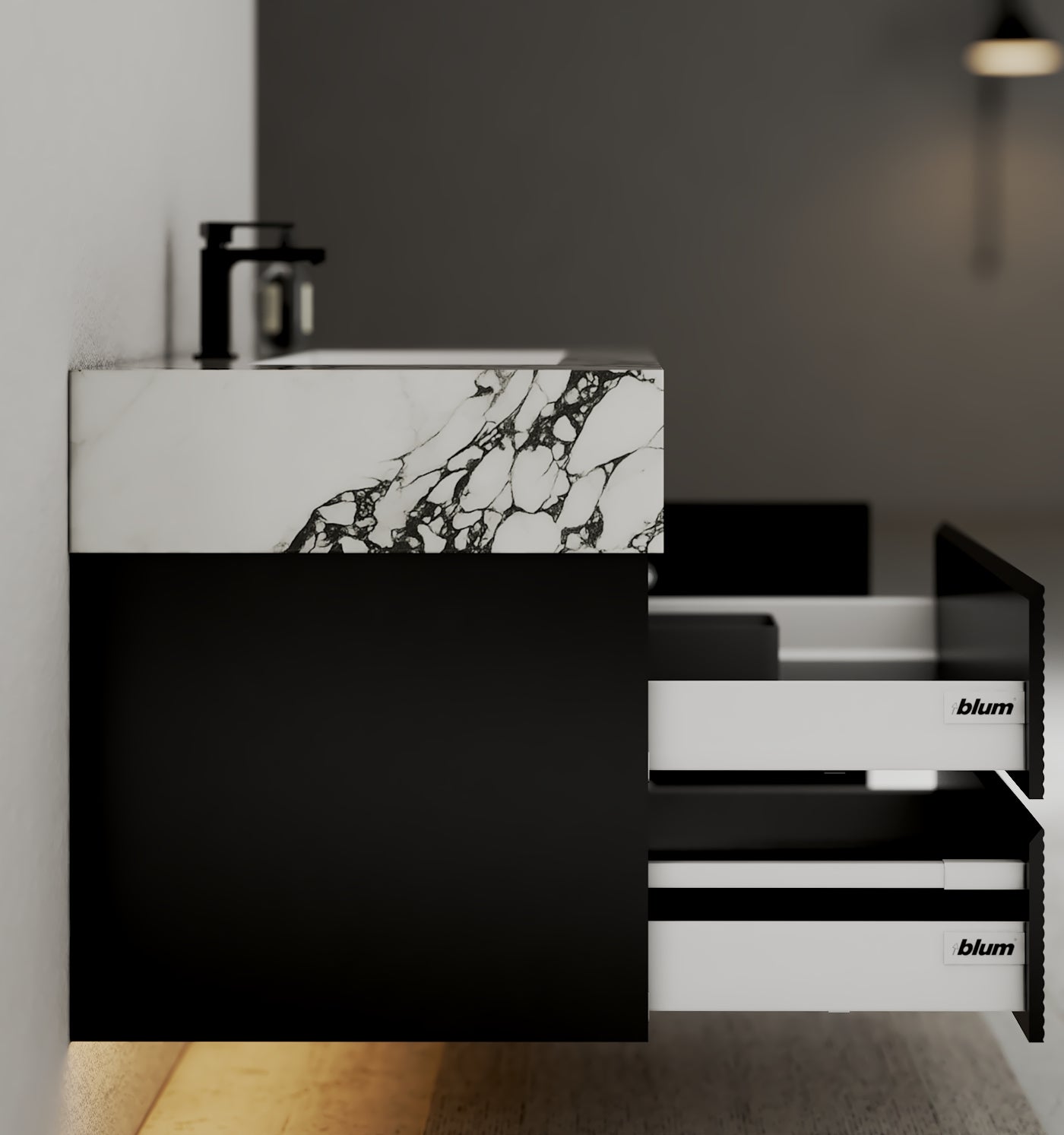 32–48" Black Fluted Floating Vanity with Seamless Stone Sink - Vanitycalacatta black NeoNova Decor