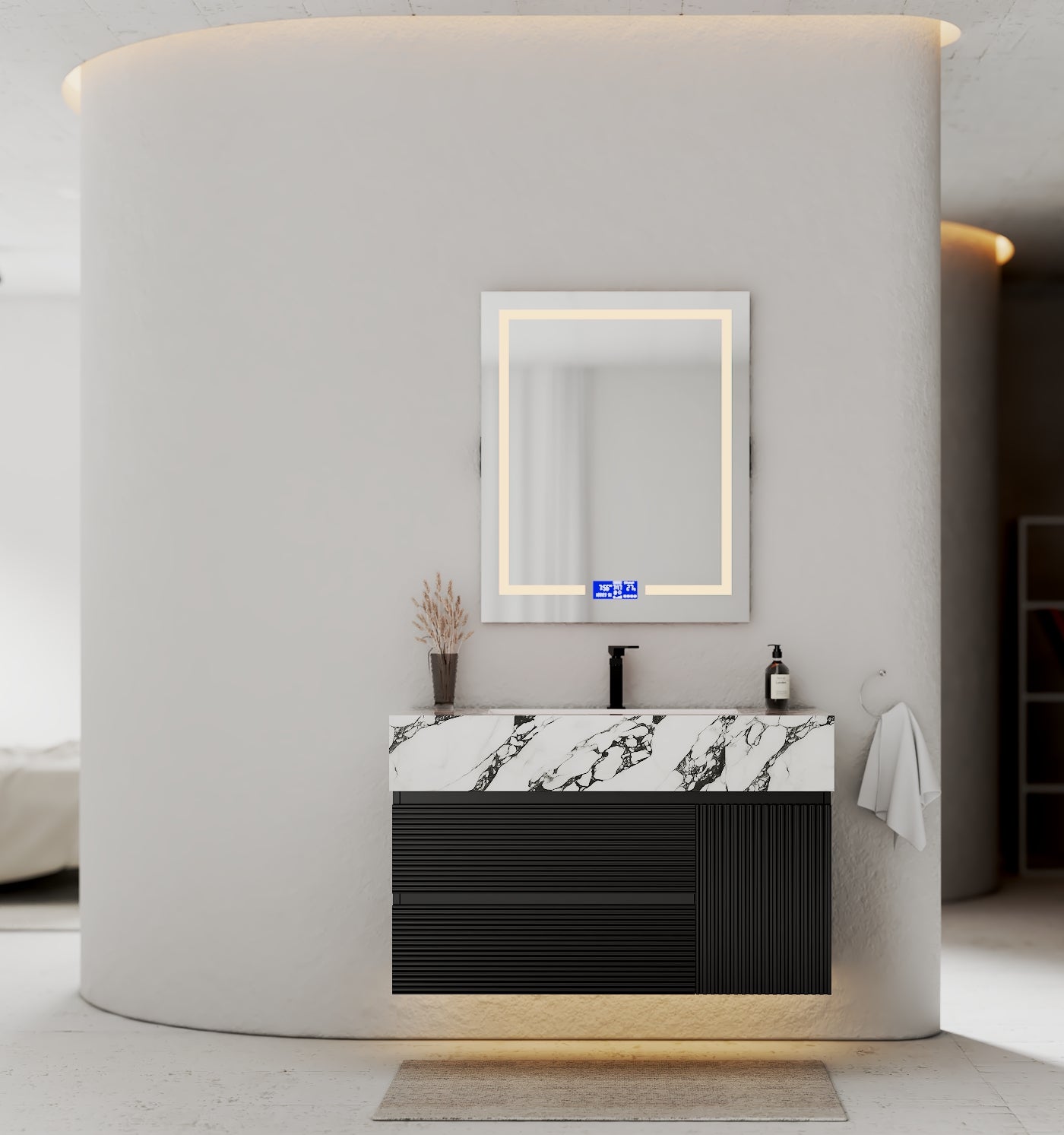 32–48" Black Fluted Floating Vanity with Seamless Stone Sink - Vanitycalacatta black NeoNova Decor