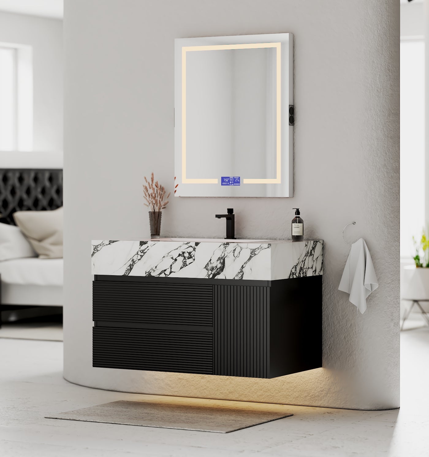 32–48" Black Fluted Floating Vanity with Seamless Stone Sink - Vanitycalacatta black NeoNova Decor