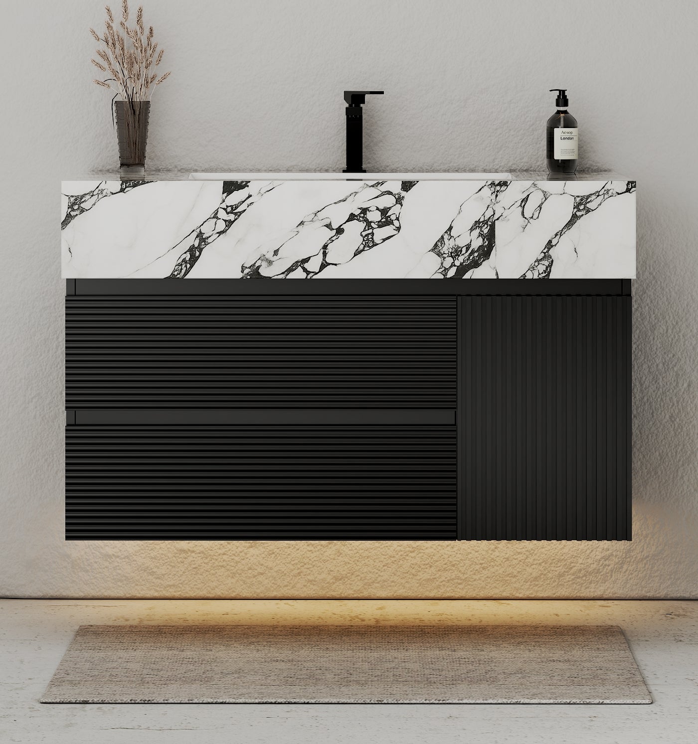 32–48" Black Fluted Floating Vanity with Seamless Stone Sink - Vanitycalacatta black NeoNova Decor