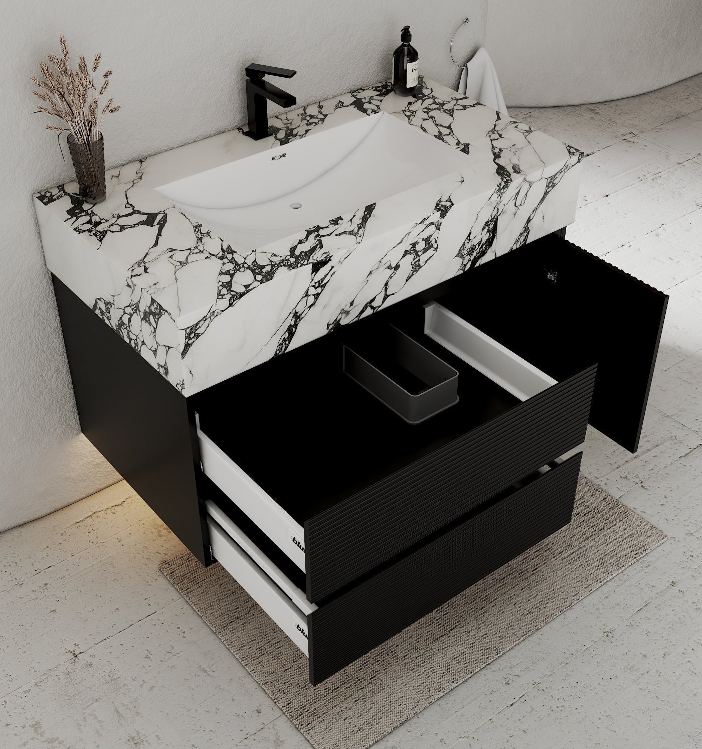 32–48" Black Fluted Floating Vanity with Seamless Stone Sink - Vanitycalacatta black NeoNova Decor