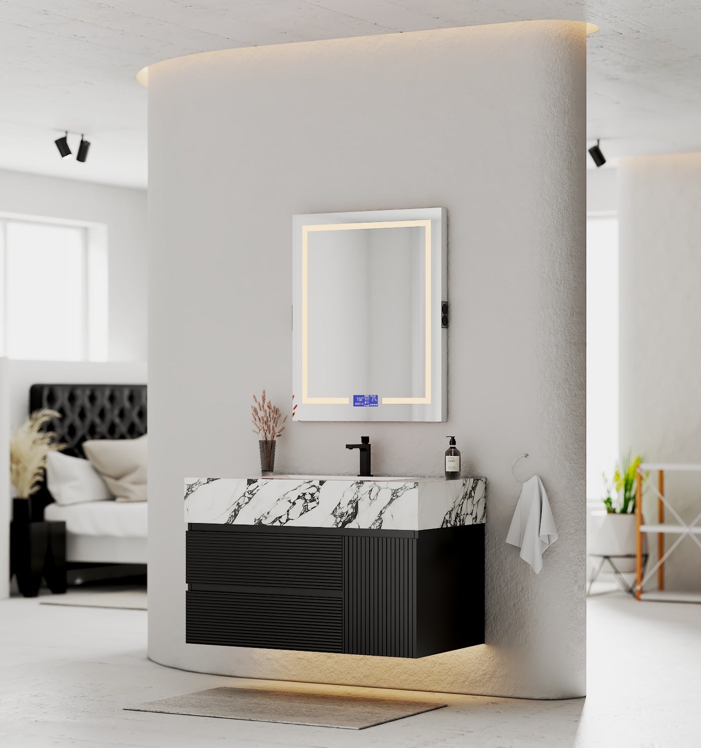 32–48" Black Fluted Floating Vanity with Seamless Stone Sink - Vanitycalacatta black NeoNova Decor