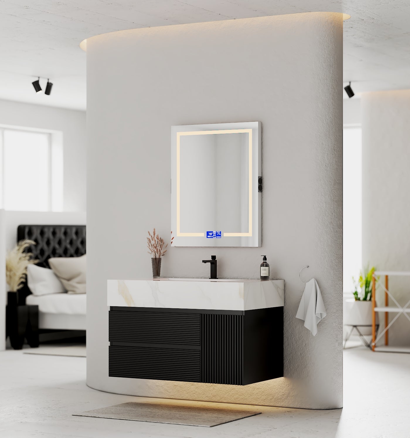 32–48" Black Fluted Floating Vanity with Seamless Stone Sink - VanityCalacatta Gold NeoNova Decor
