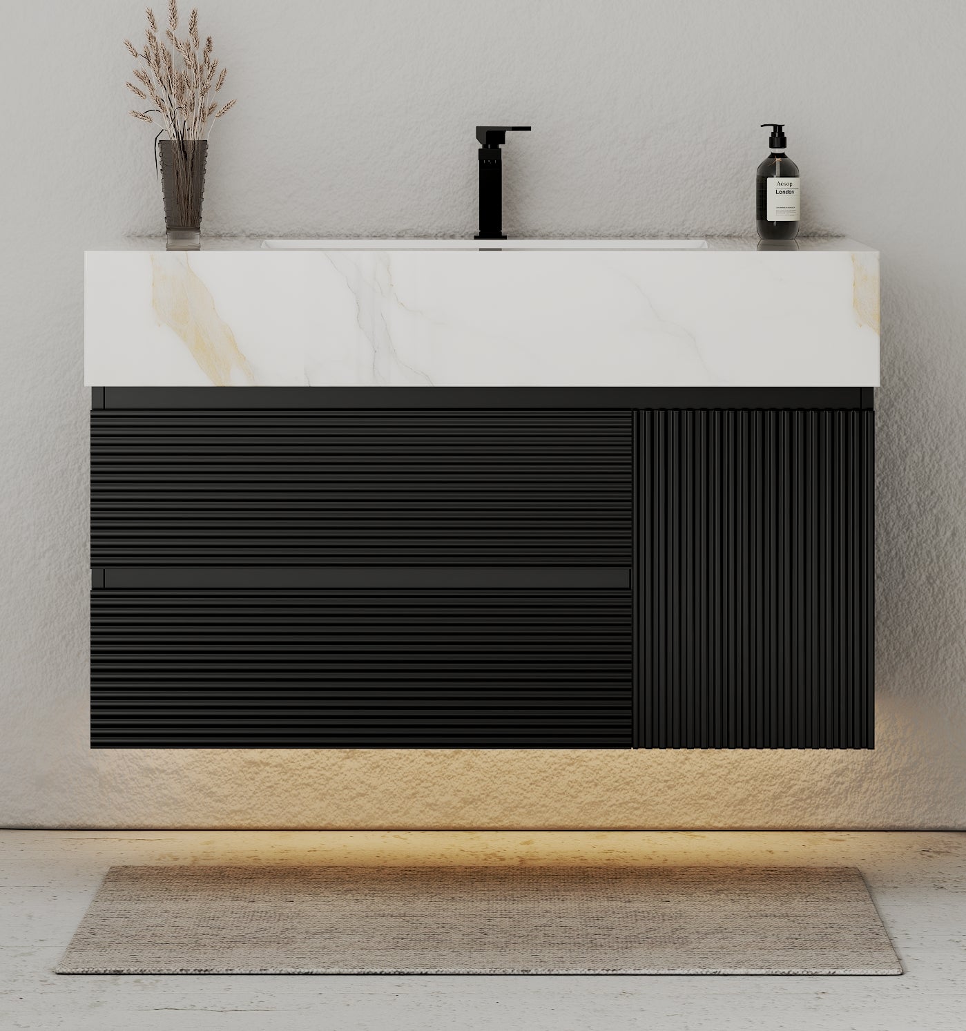 32–48" Black Fluted Floating Vanity with Seamless Stone Sink - VanityCalacatta Gold NeoNova Decor