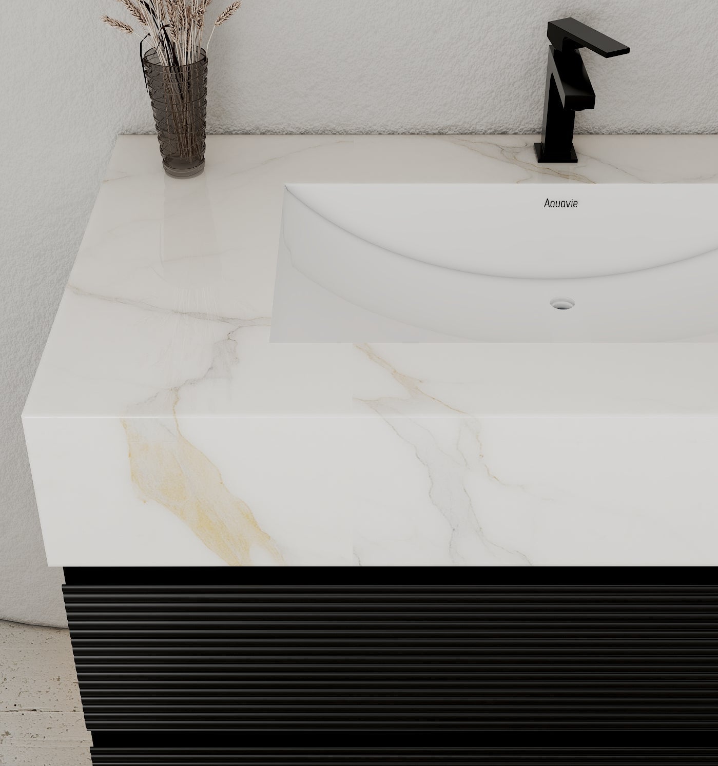 32–48" Black Fluted Floating Vanity with Seamless Stone Sink - VanityCalacatta Gold NeoNova Decor