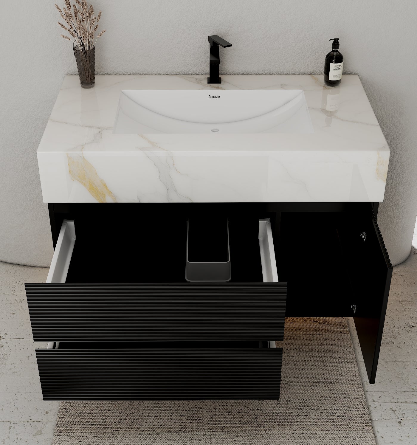 32–48" Black Fluted Floating Vanity with Seamless Stone Sink - VanityCalacatta Gold NeoNova Decor