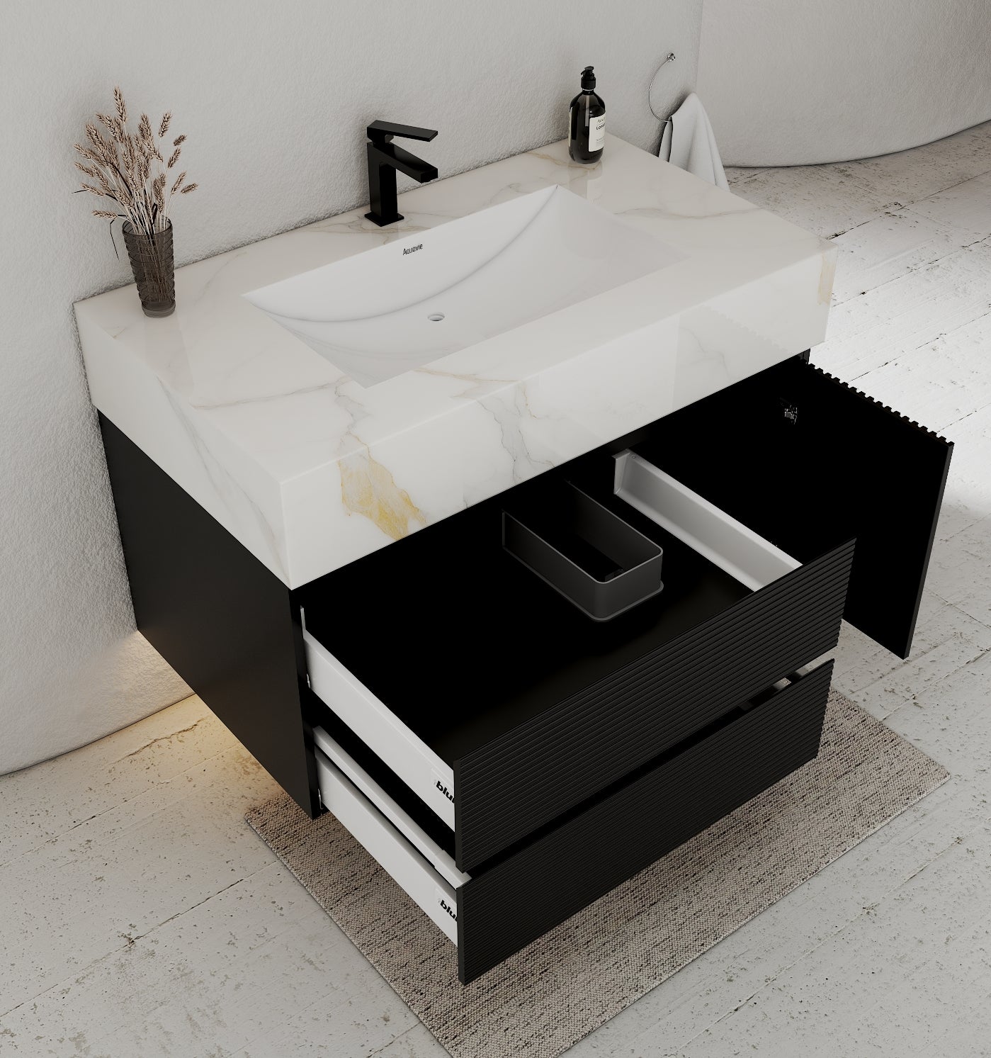 32–48" Black Fluted Floating Vanity with Seamless Stone Sink - VanityCalacatta Gold NeoNova Decor