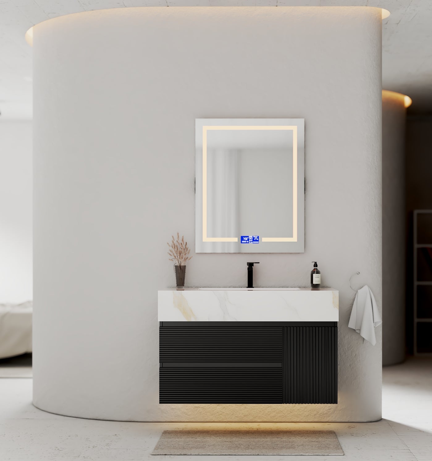 32–48" Black Fluted Floating Vanity with Seamless Stone Sink - VanityCalacatta Gold NeoNova Decor