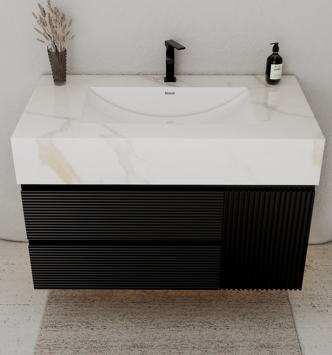 32–48" Black Fluted Floating Vanity with Seamless Stone Sink - VanityCalacatta Gold NeoNova Decor