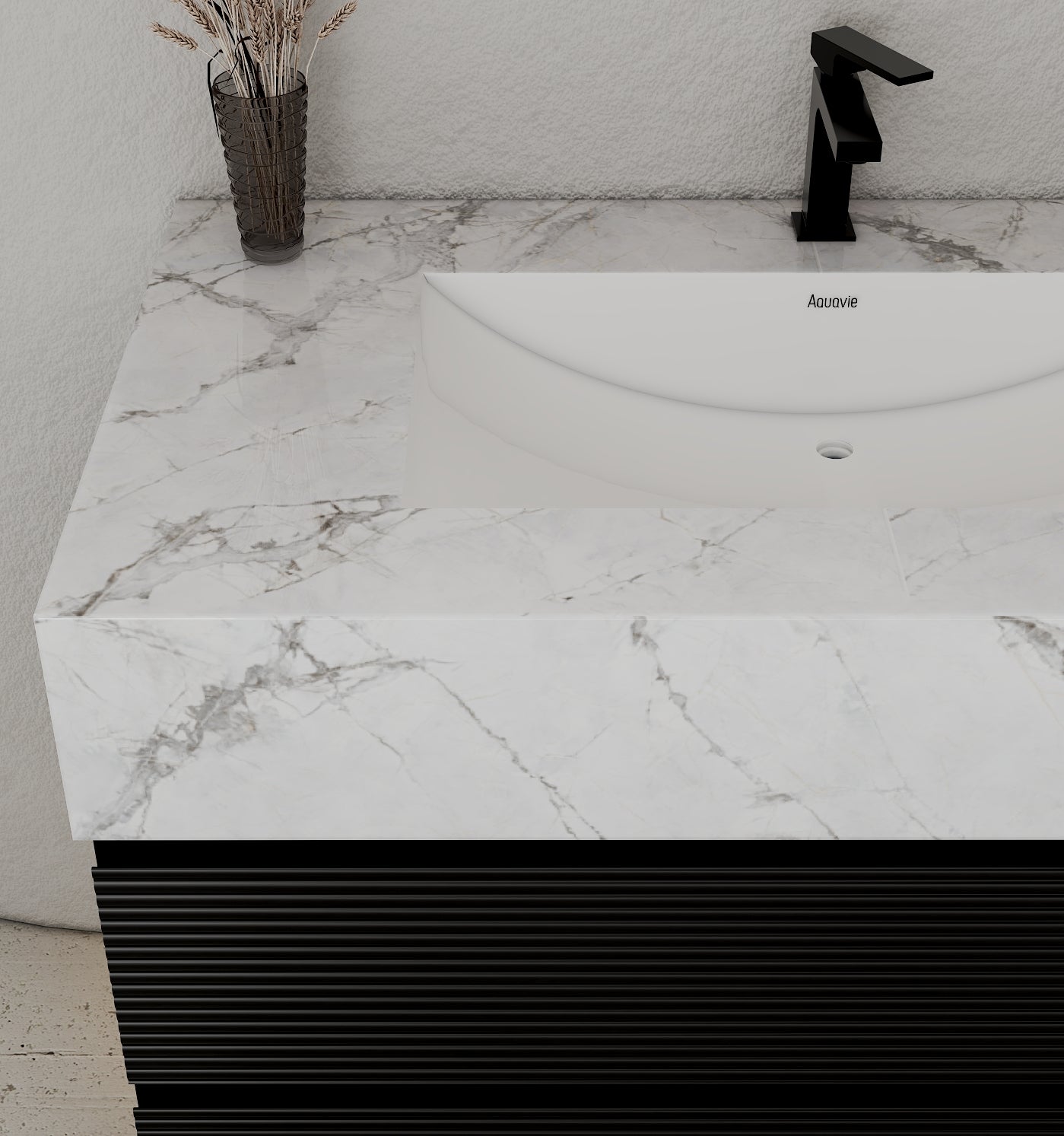 32–48" Black Fluted Floating Vanity with Seamless Stone Sink - VanityIce Grey NeoNova Decor