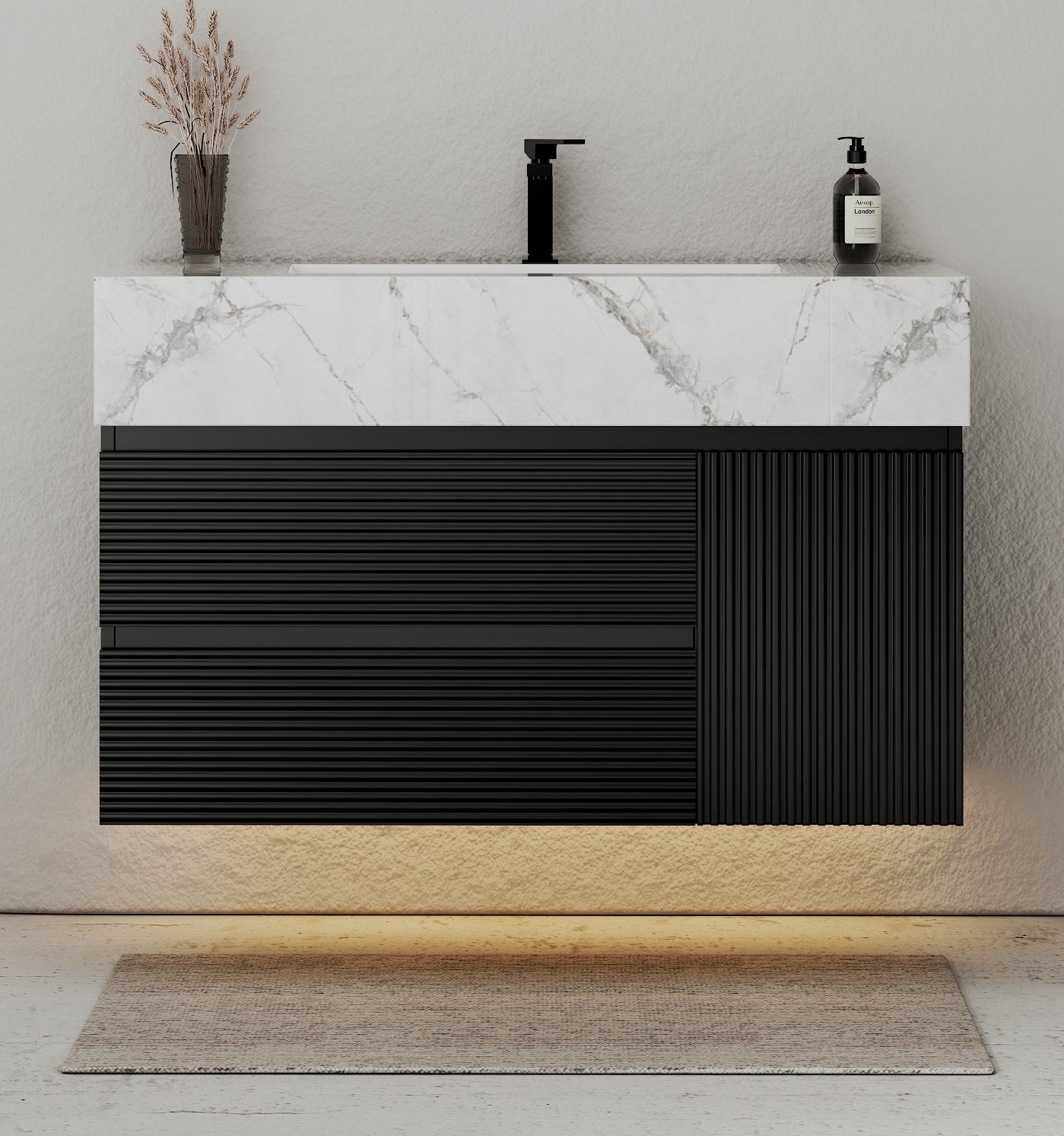 32–48" Black Fluted Floating Vanity with Seamless Stone Sink - VanityIce Grey NeoNova Decor