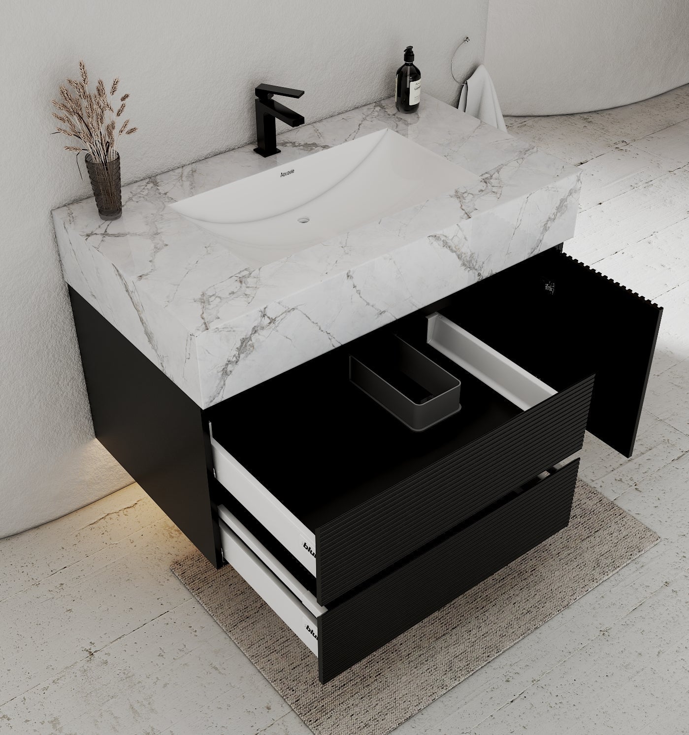 32–48" Black Fluted Floating Vanity with Seamless Stone Sink - VanityIce Grey NeoNova Decor