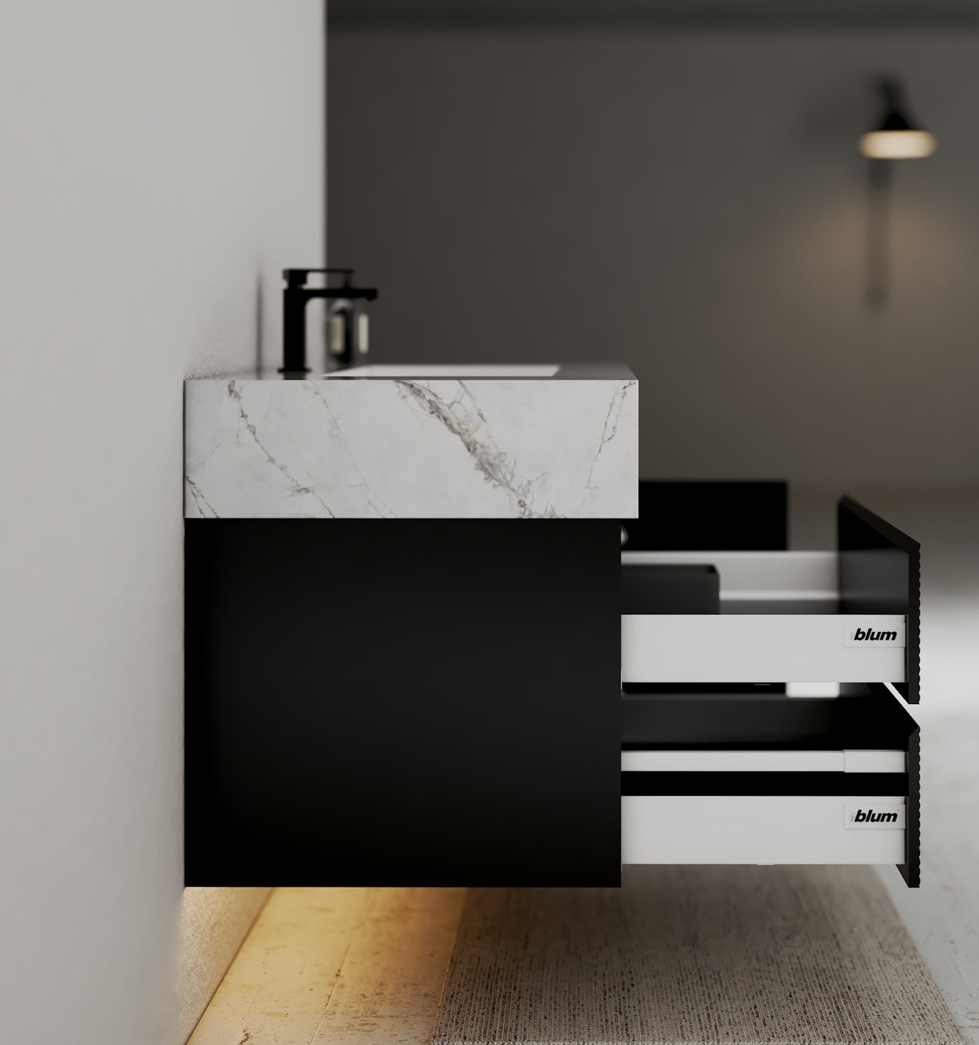 32–48" Black Fluted Floating Vanity with Seamless Stone Sink - VanityIce Grey NeoNova Decor