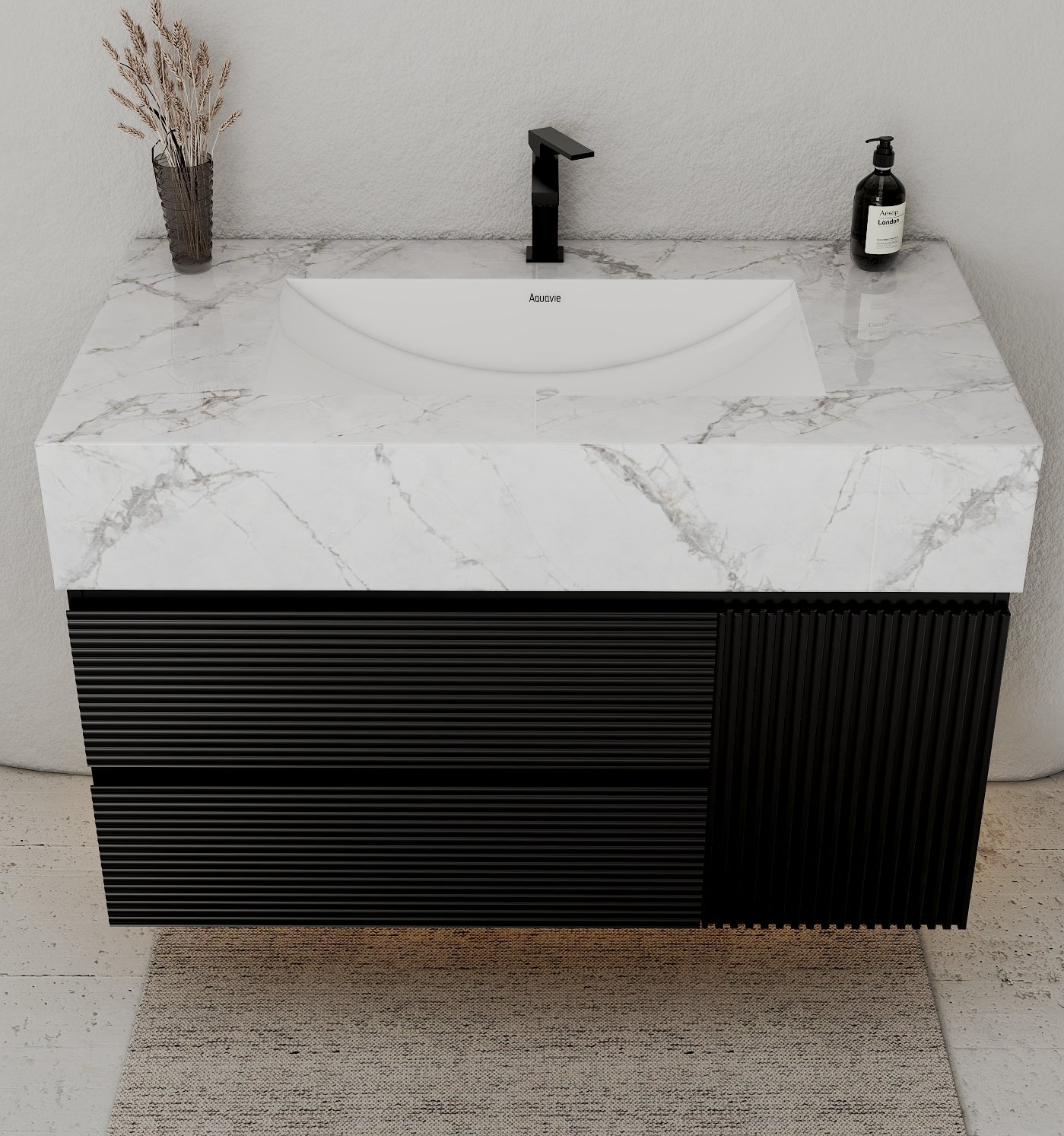 32–48" Black Fluted Floating Vanity with Seamless Stone Sink - VanityIce Grey NeoNova Decor